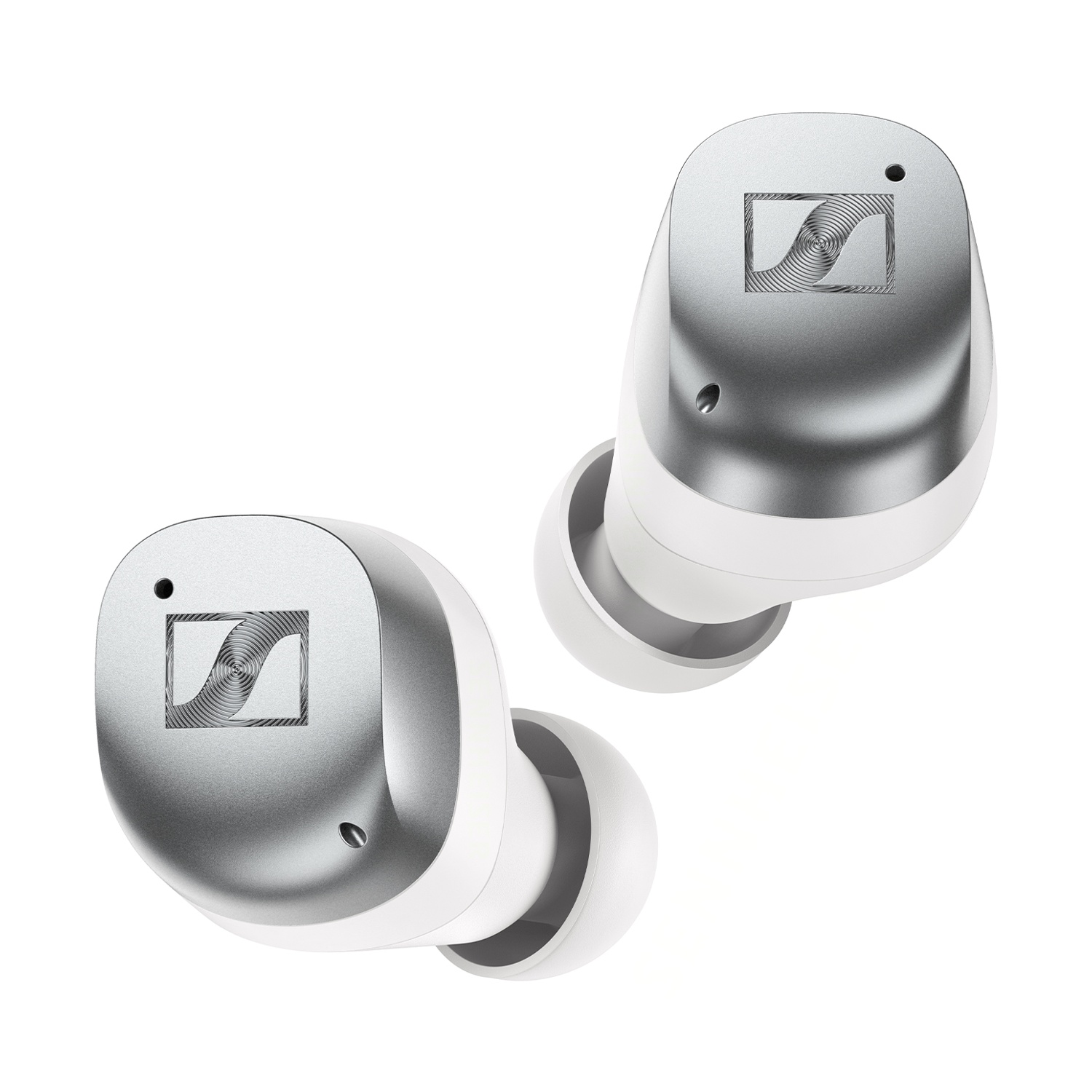 Due auricolari Sennheiser bianchi e argentati con logo su sfondo bianco.