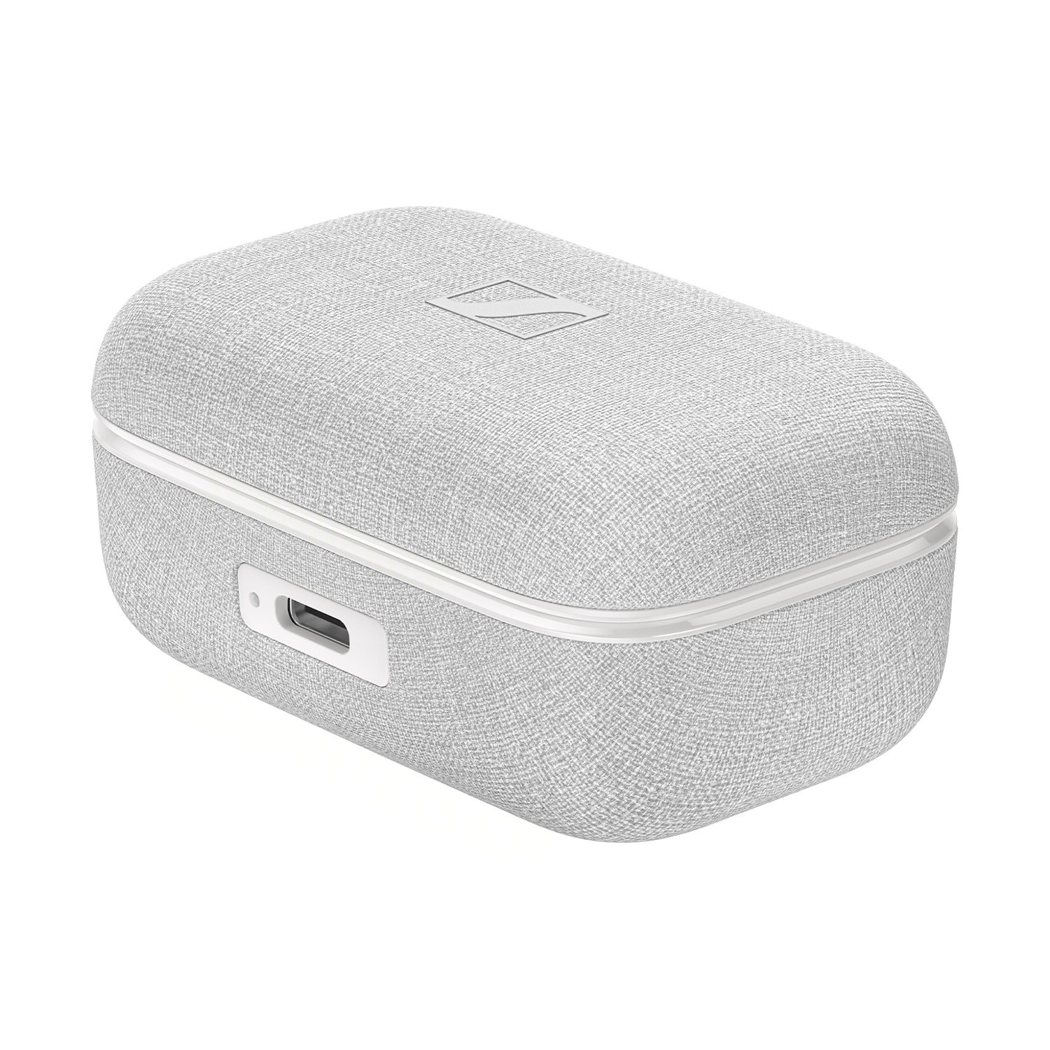 Custodia di ricarica grigia con logo Sennheiser e porta USB-C.