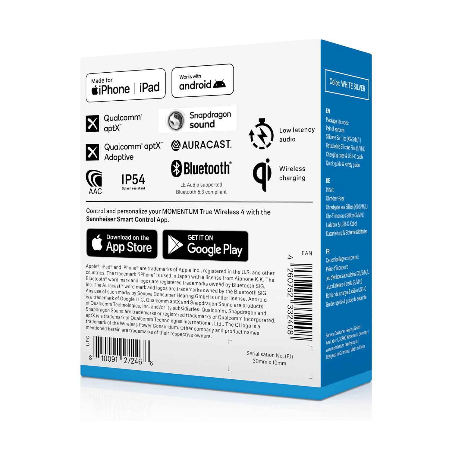 Dettagli confezione cuffie: loghi, funzioni come aptX, Bluetooth 5.3, IP54, ricarica wireless.