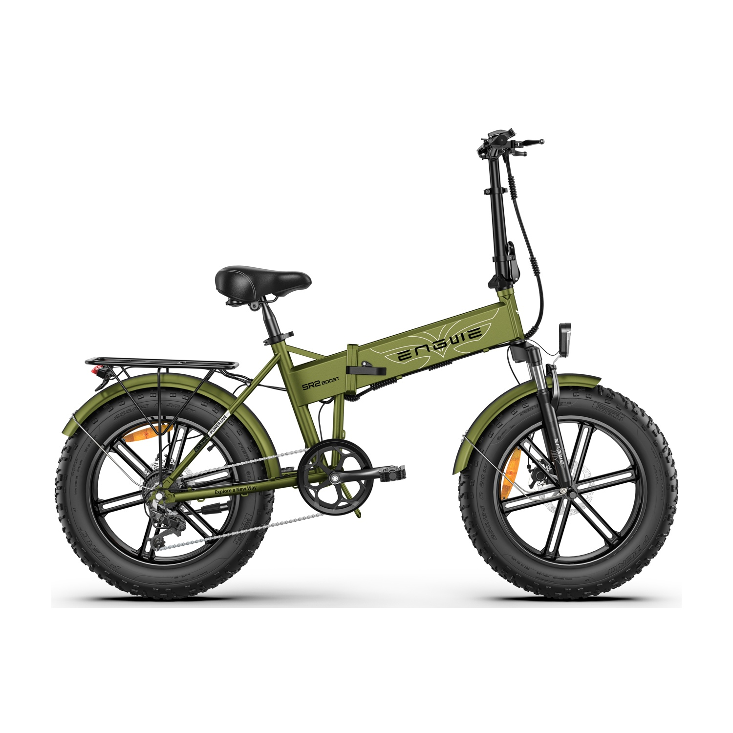 Bicicletta elettrica verde pieghevole con copertoni larghi e portapacchi posteriore.