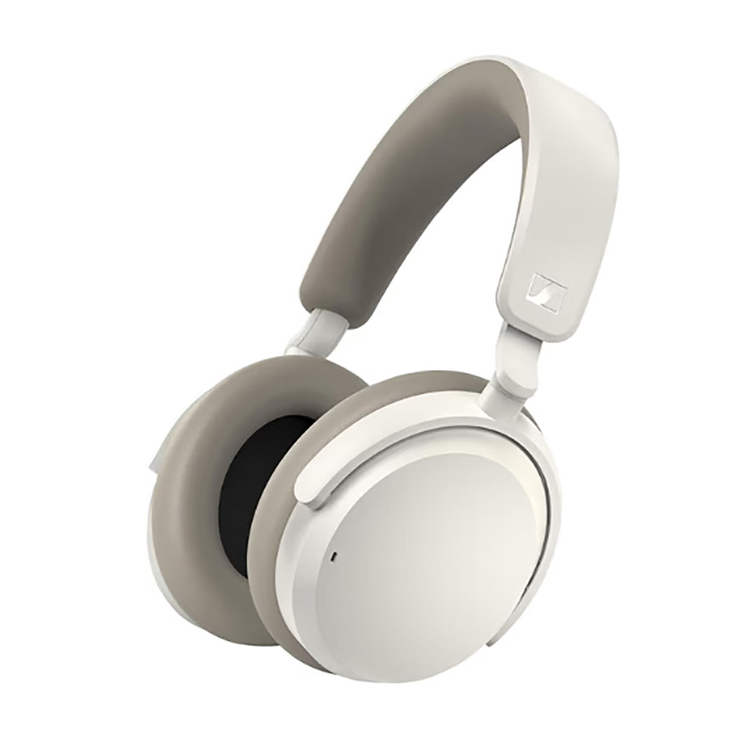Cuffie bianche e grigie con logo Sennheiser su sfondo bianco.
