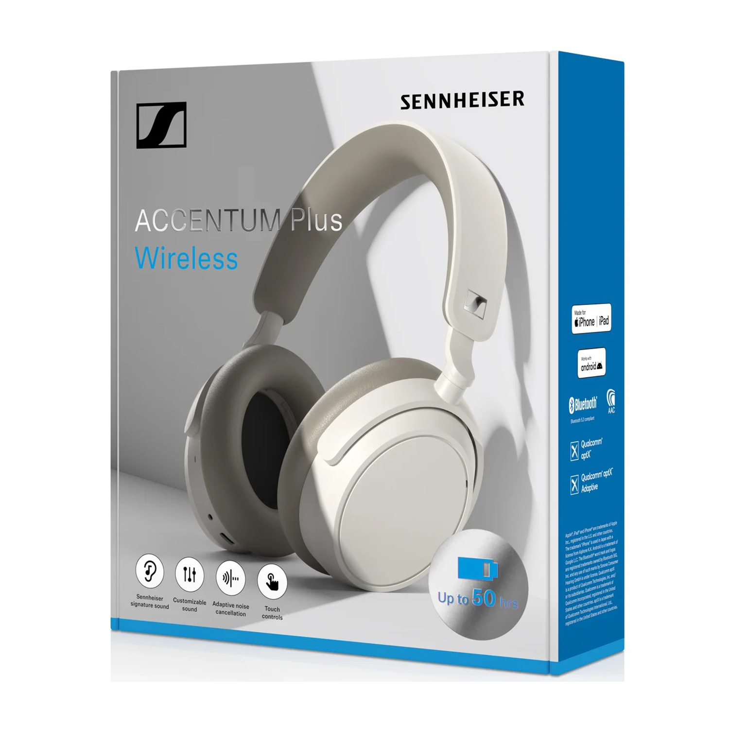 Scatola per cuffie wireless Sennheiser ACCENTUM Plus bianche con fino a 50 ore di batteria.