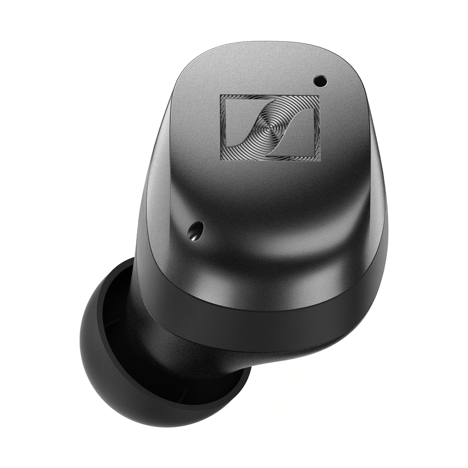 Auricolare wireless nero con logo Sennheiser su sfondo bianco.