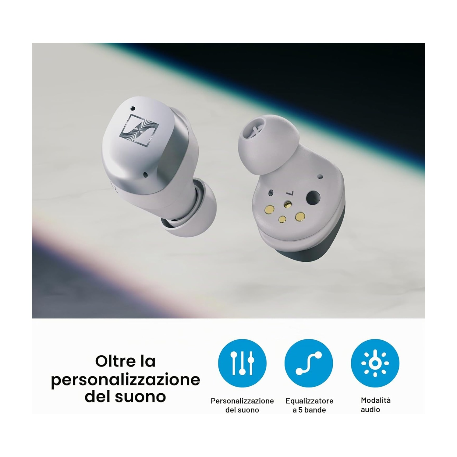 Due auricolari bianchi Sennheiser su sfondo cosmico.