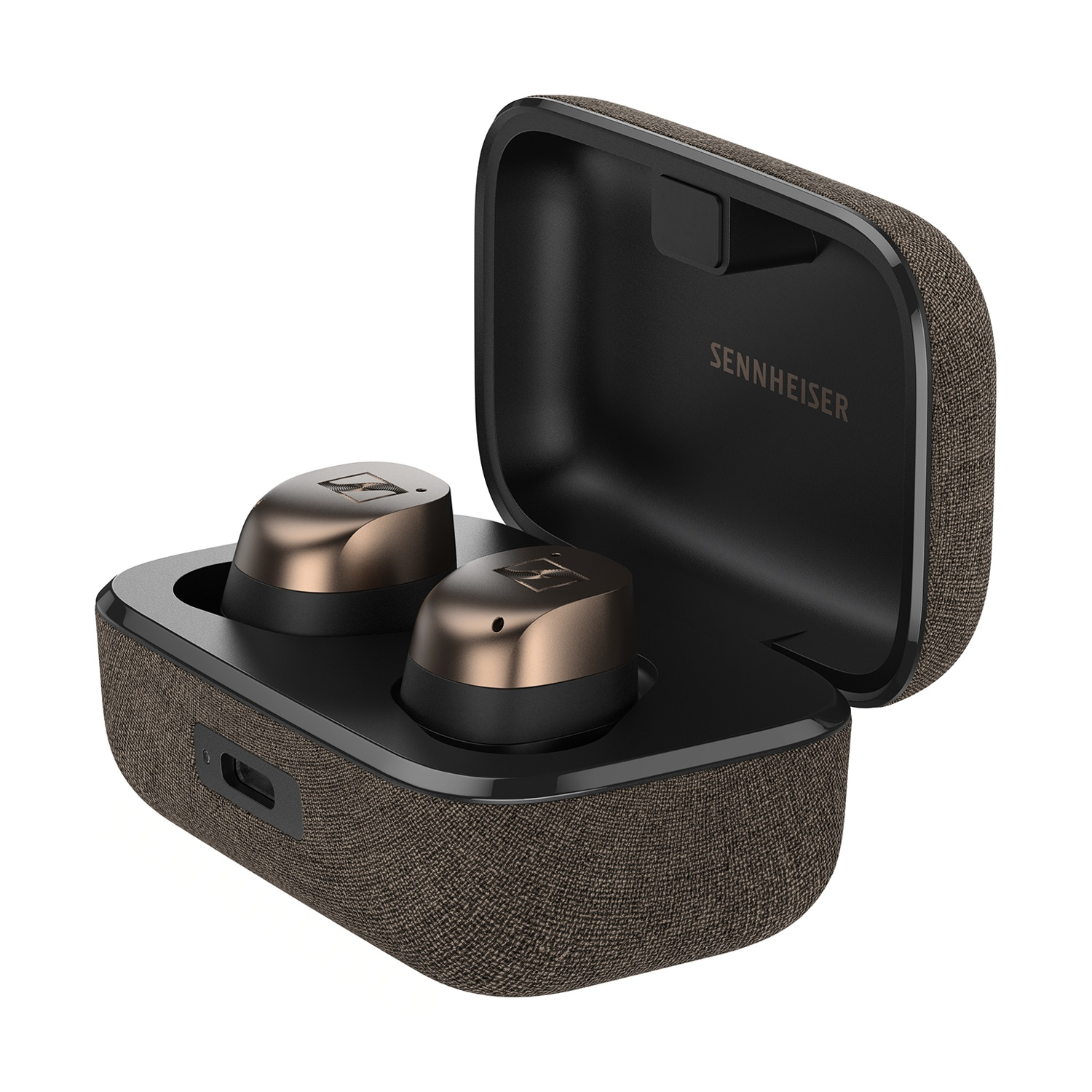 Auricolari Sennheiser in custodia scura, coperchio aperto, con due auricolari color bronzo.