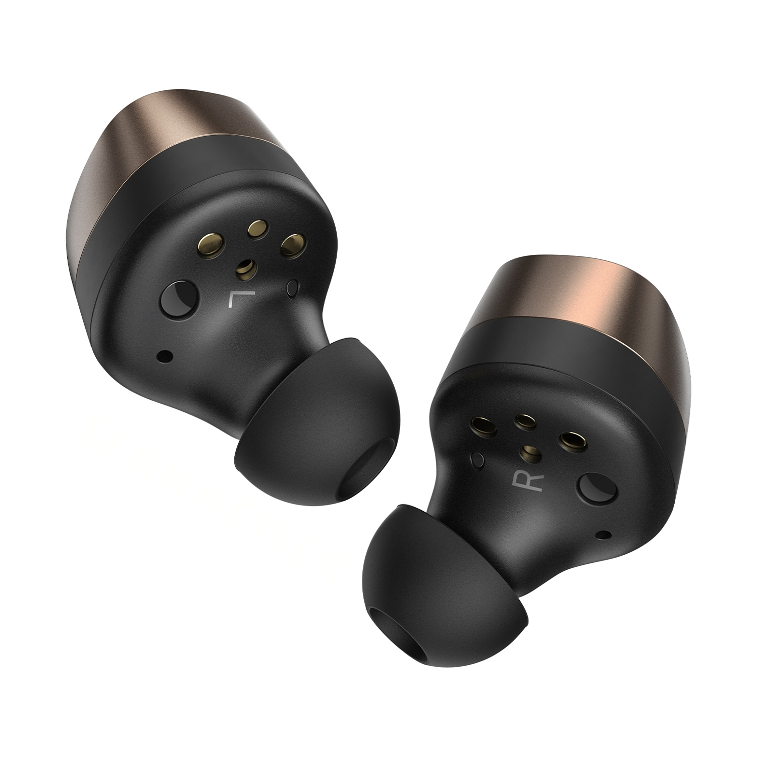Due auricolari wireless neri e oro su sfondo bianco.