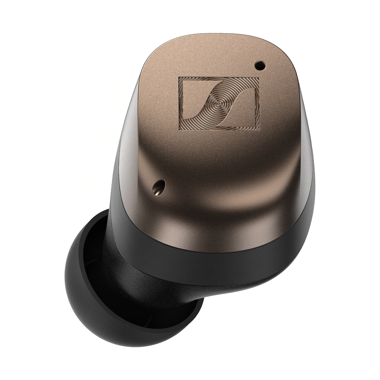 Un auricolare color bronzo con punta nera su sfondo bianco.