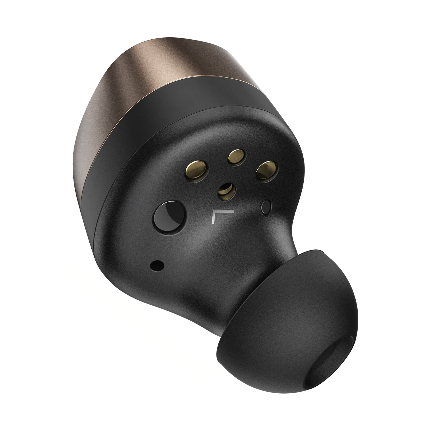 Un auricolare nero con accenti dorati e punta in silicone nero. Marcato 'L'.