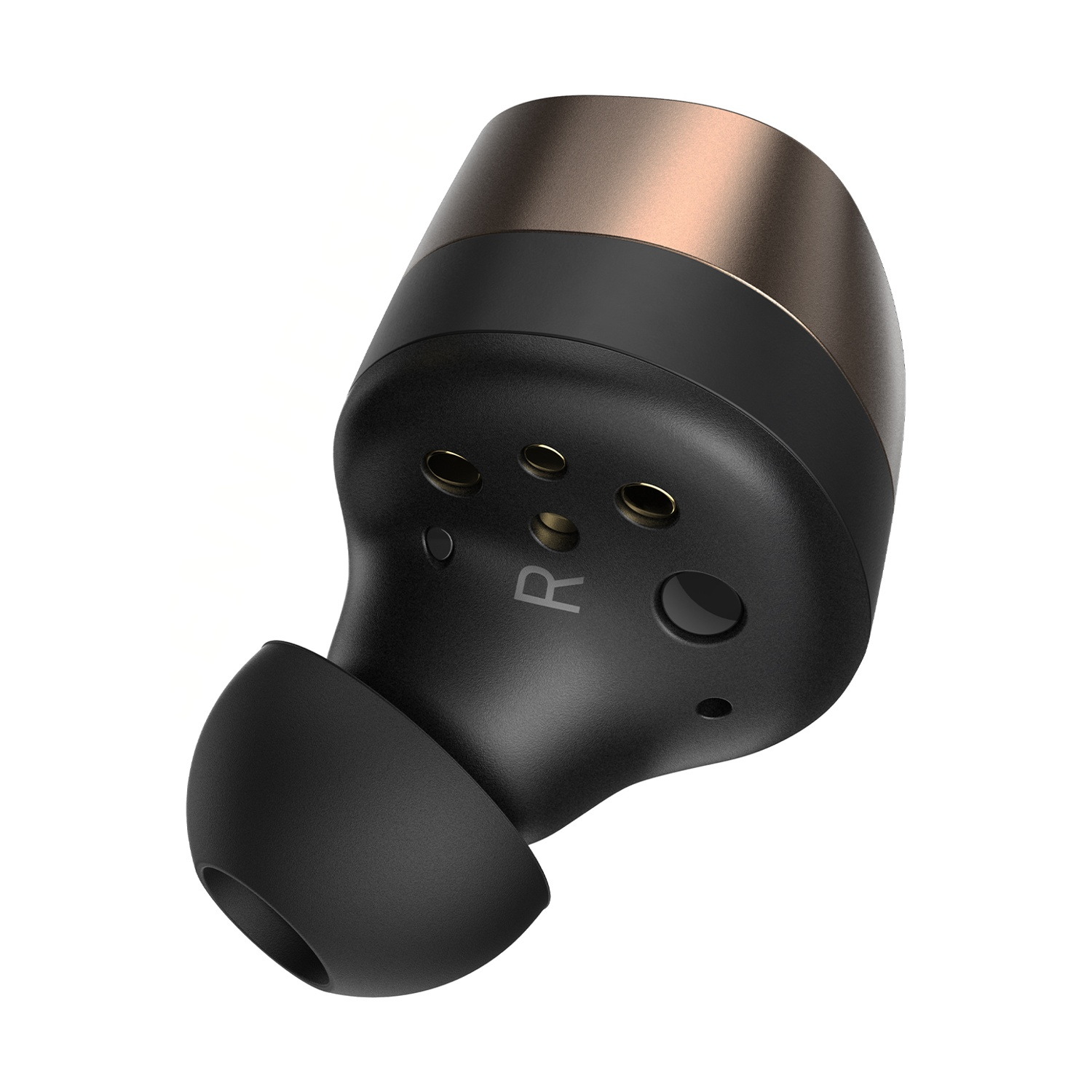 Un auricolare destro nero con accento bronzo e contatti di ricarica.
