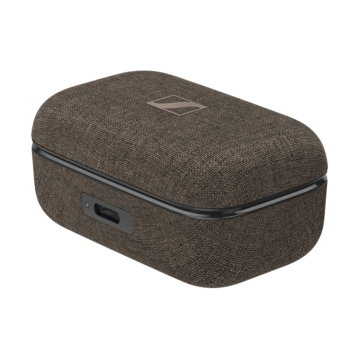 Custodia in tessuto marrone per auricolari con logo Sennheiser e porta di ricarica.