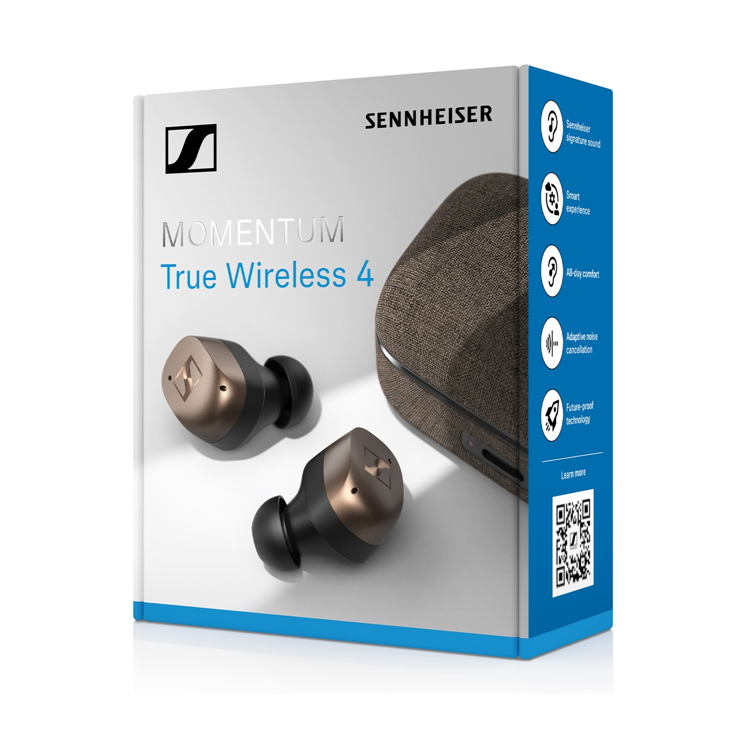 Auricolari Sennheiser Momentum True Wireless 4 e custodia di ricarica su confezione.