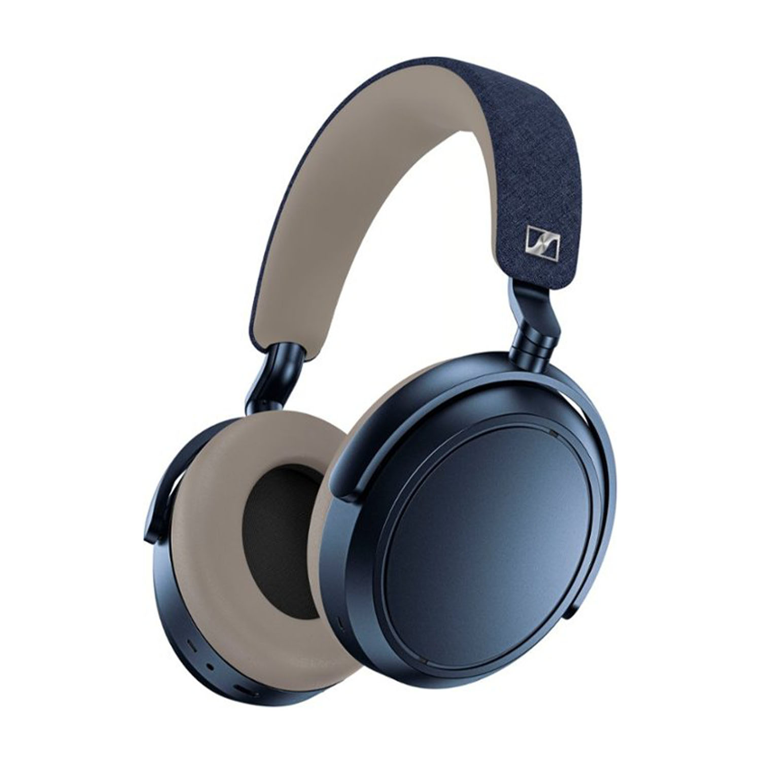 Cuffie circumaurali blu scuro con padiglioni beige e archetto in tessuto blu navy.