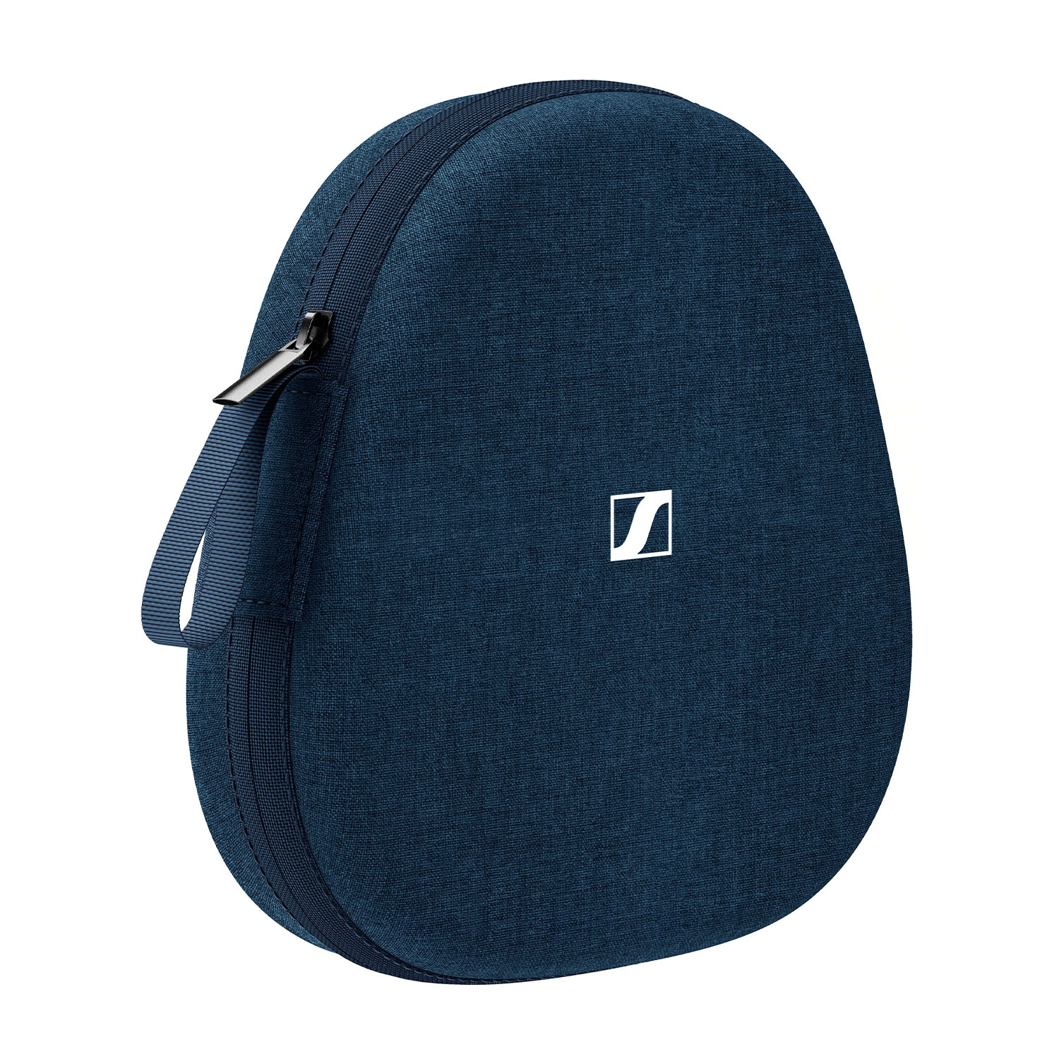 Custodia blu scuro per cuffie con cerniera e manico. Logo bianco sul davanti.