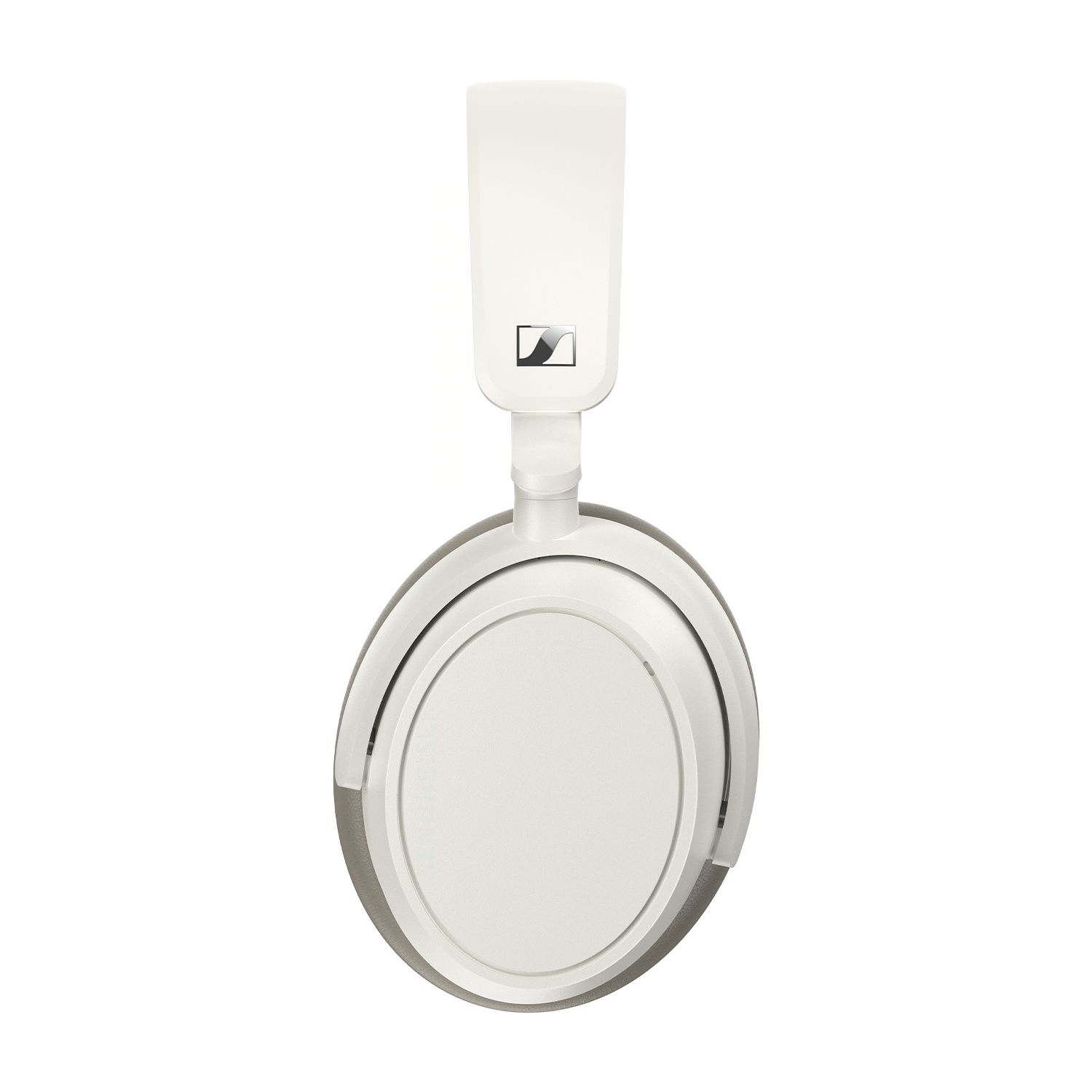 Cuffie bianche con logo Sennheiser su sfondo bianco.