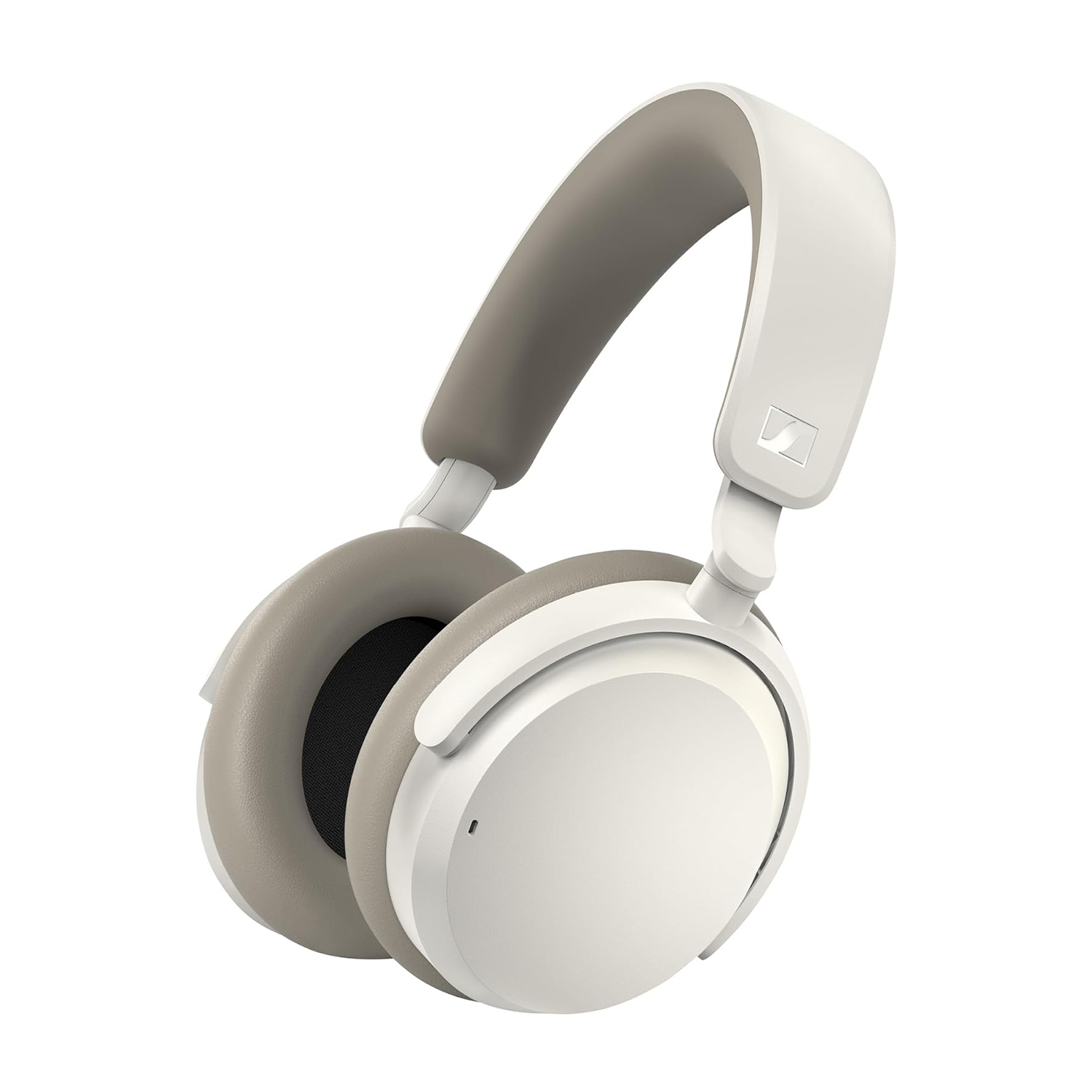 Cuffie wireless bianche con paraorecchie beige su sfondo bianco.