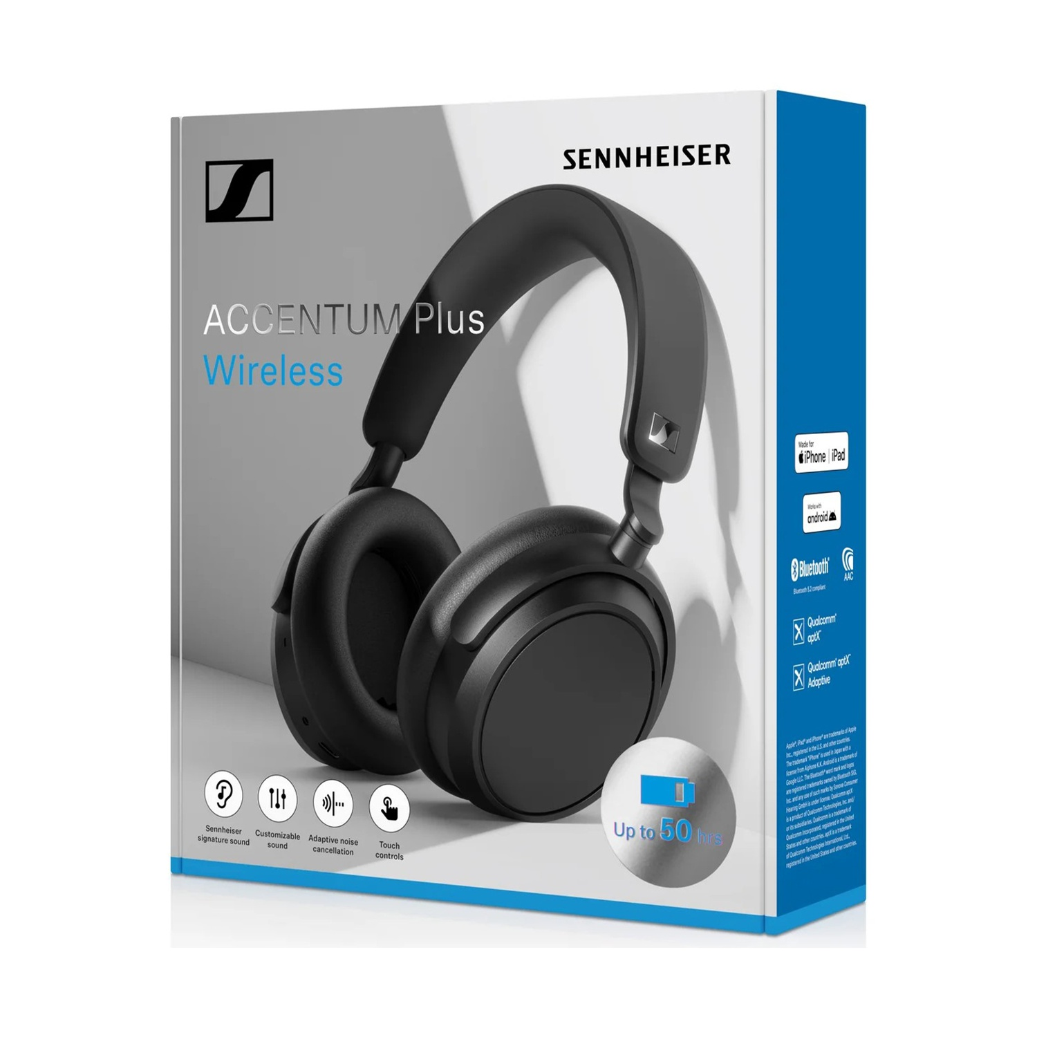 Cuffie wireless Sennheiser ACCENTUM Plus nere su una scatola che mostra le caratteristiche del prodotto.