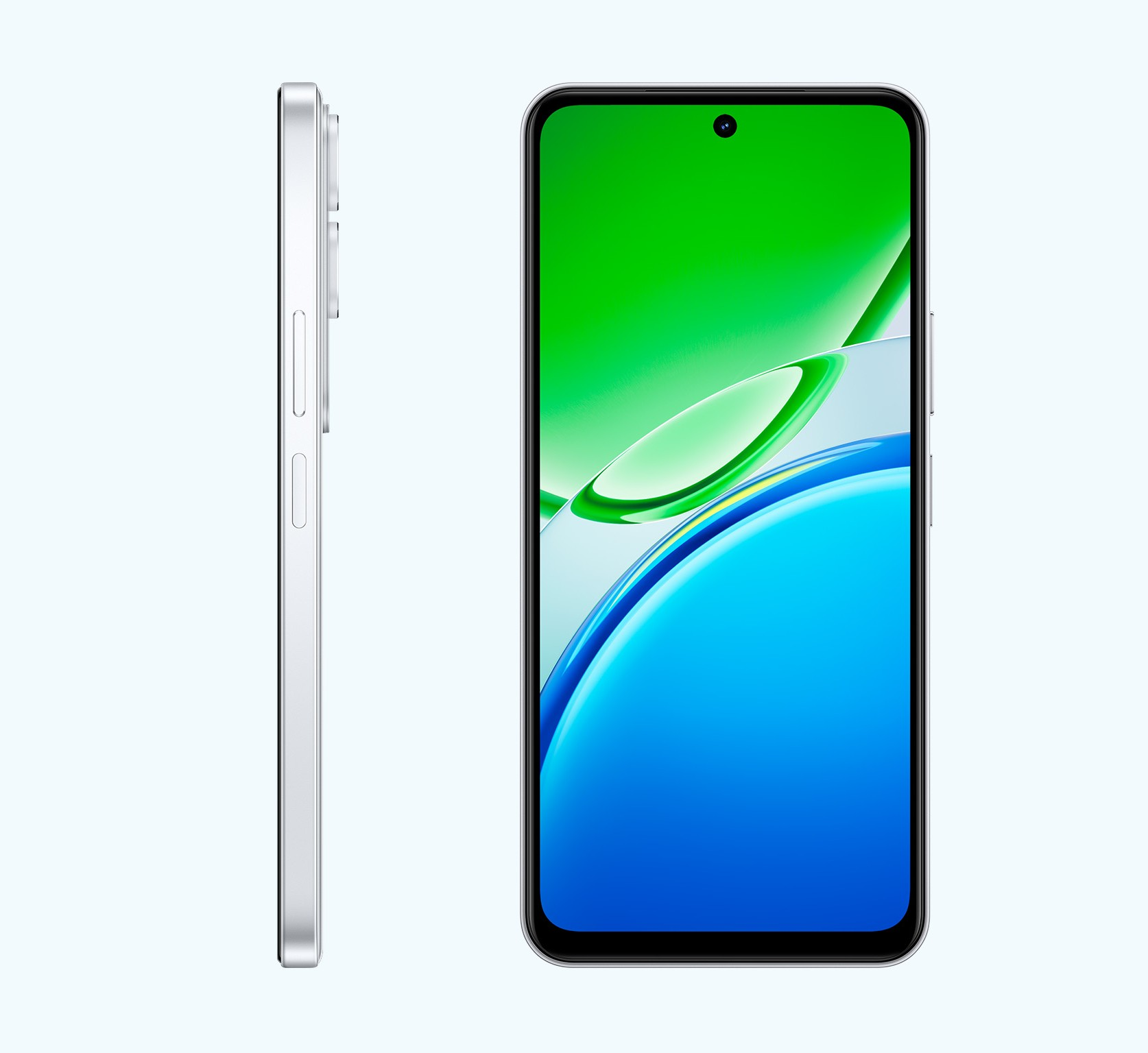 Ein silbernes Smartphone wird von der Seite und von vorne gezeigt, mit einem grünen und blauen Hintergrund.
