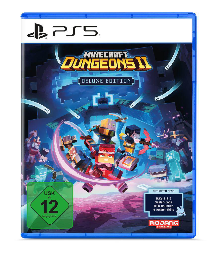 PS5 Minecraft Dungeons II Deluxe Edition Spielcover mit Charakteren und USK 12 Freigabe.
