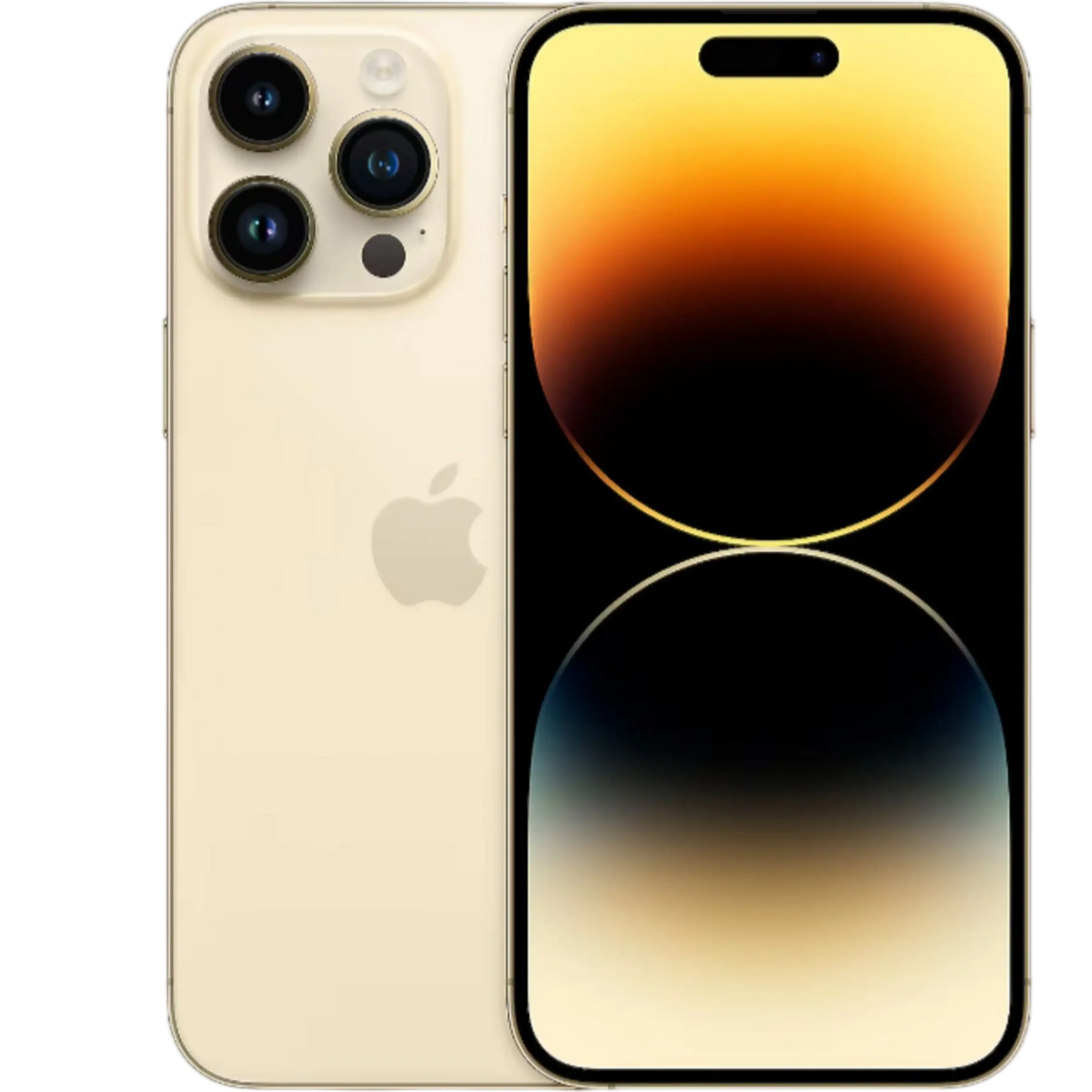 Arkada üç kamerası ve stilize edilmiş Apple logosu bulunan altın rengi bir iPhone. Ekran gradyan gösteriyor.