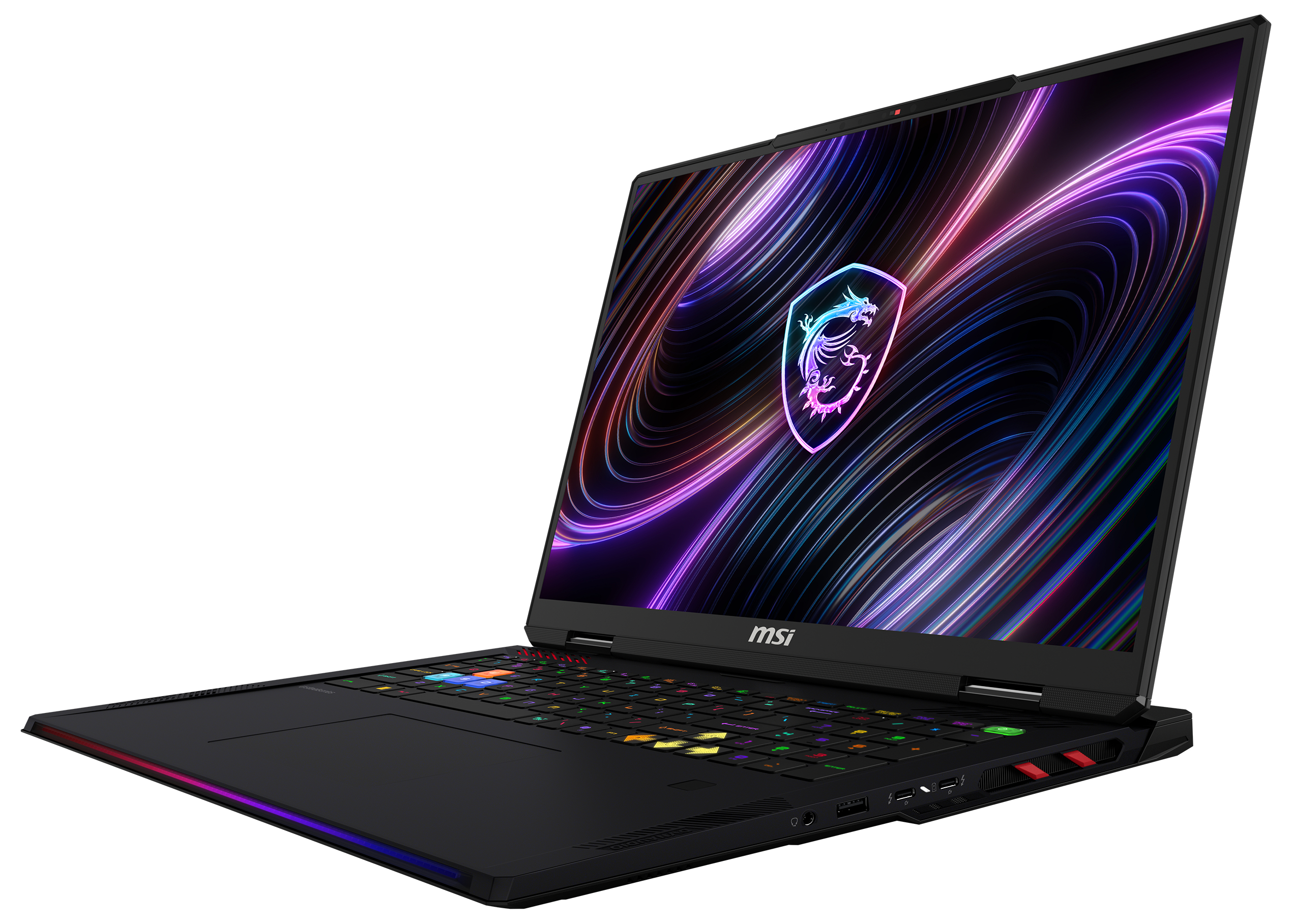 Schwarzer Laptop mit beleuchteter Tastatur und MSI-Logo auf dem Bildschirm.
