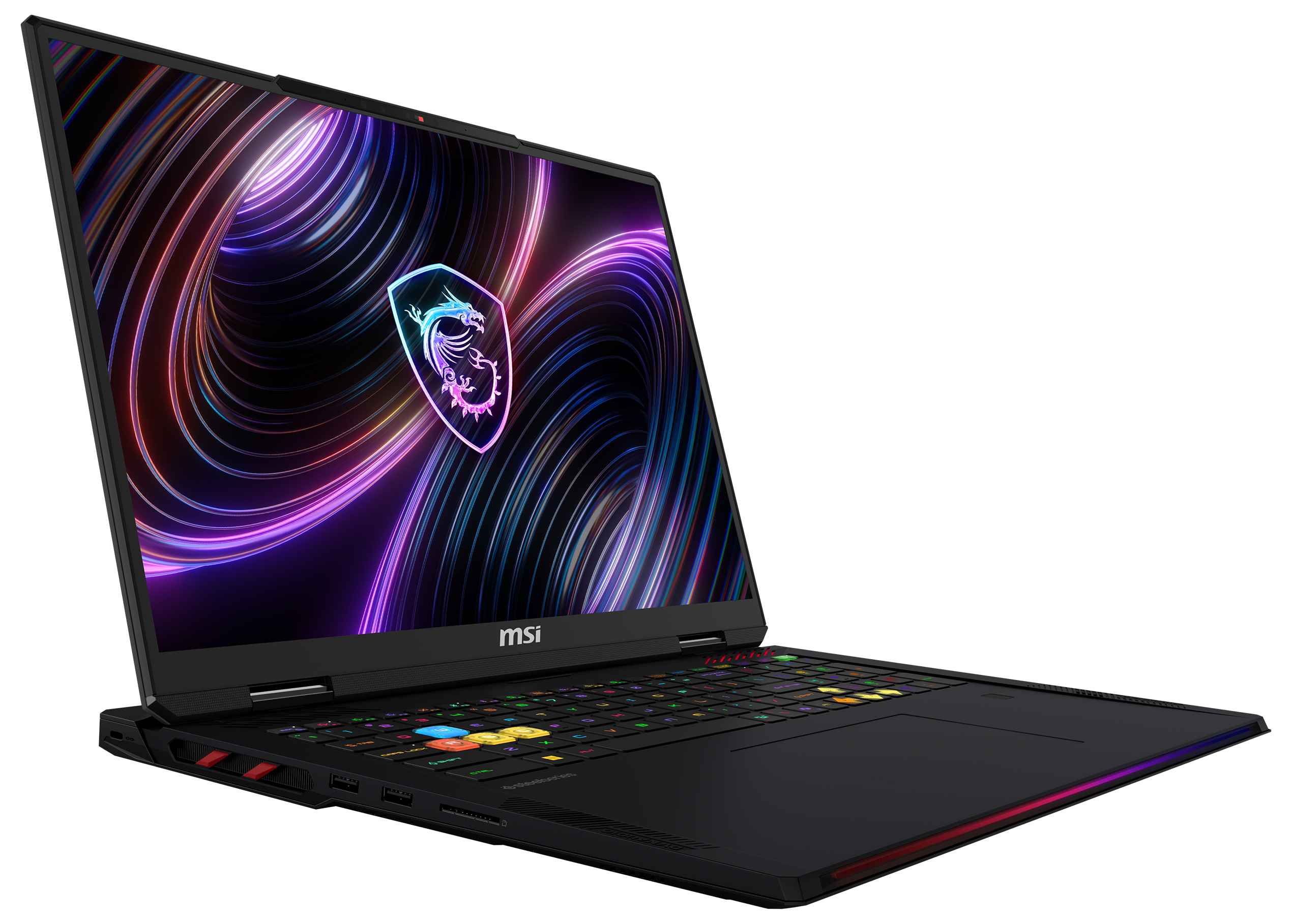 Schwarzer MSI-Gaming-Laptop mit beleuchtetem Drachenlogo und Tastatur.
