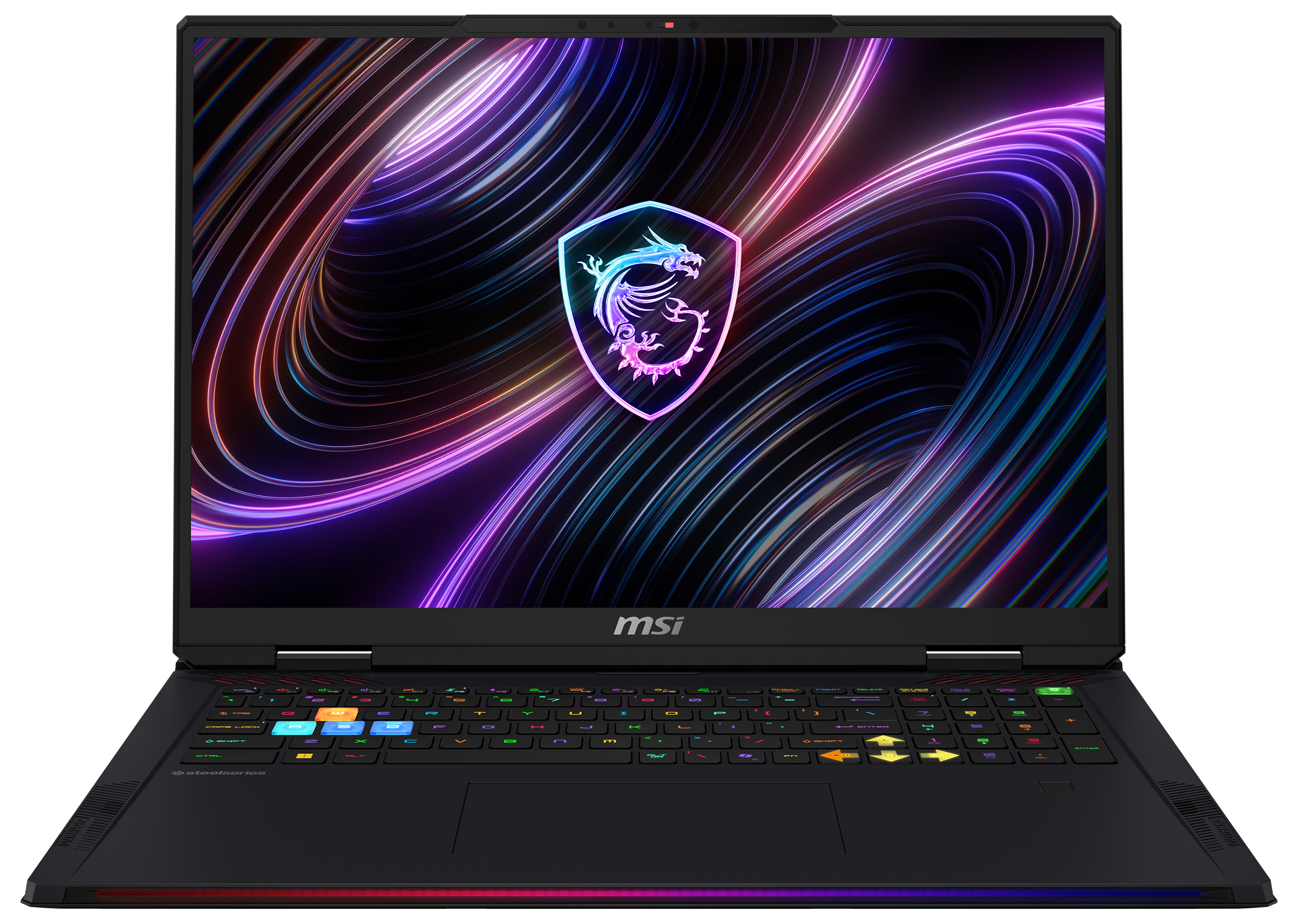 Ein schwarzer MSI-Laptop mit beleuchteter Tastatur und einem Drachenlogo auf dem Bildschirm.