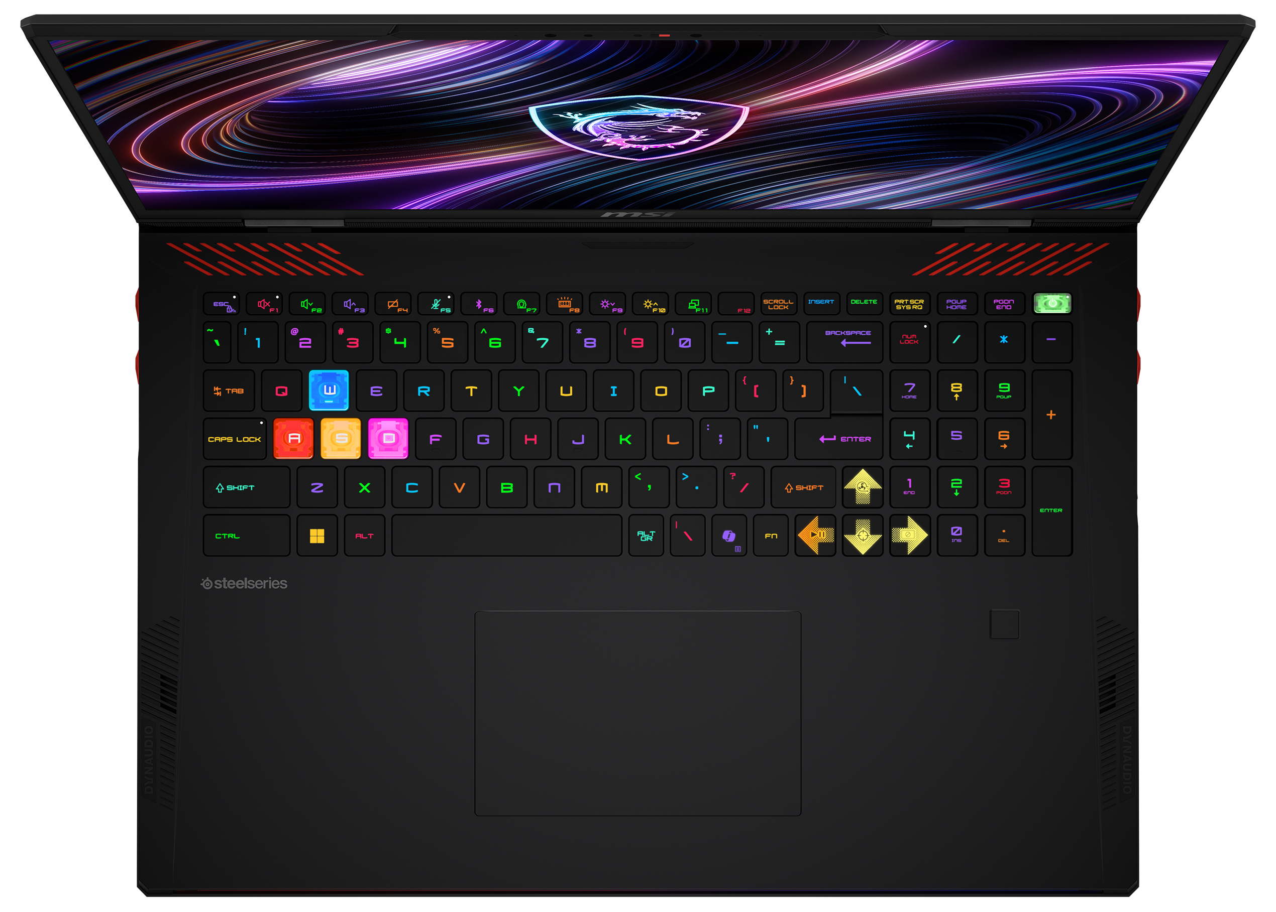 Ein geöffneter schwarzer Laptop mit beleuchteter Tastatur und buntem Hintergrundbild.