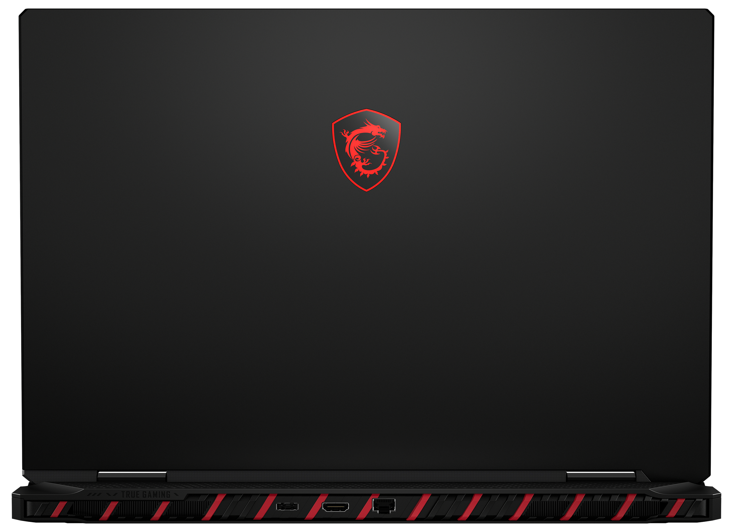 Schwarzer Laptop mit rotem MSI-Drachenlogo und roten Akzenten.