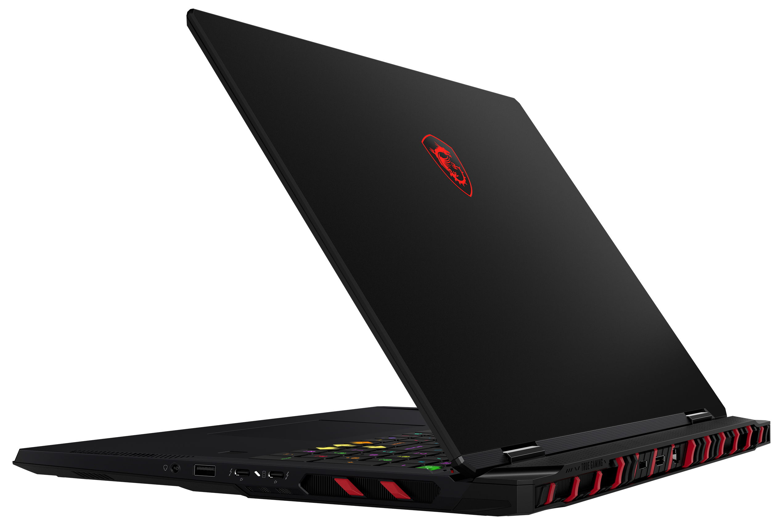 Schwarzer MSI-Gaming-Laptop mit rotem Drachenlogo, geöffnet und schräg von vorne.