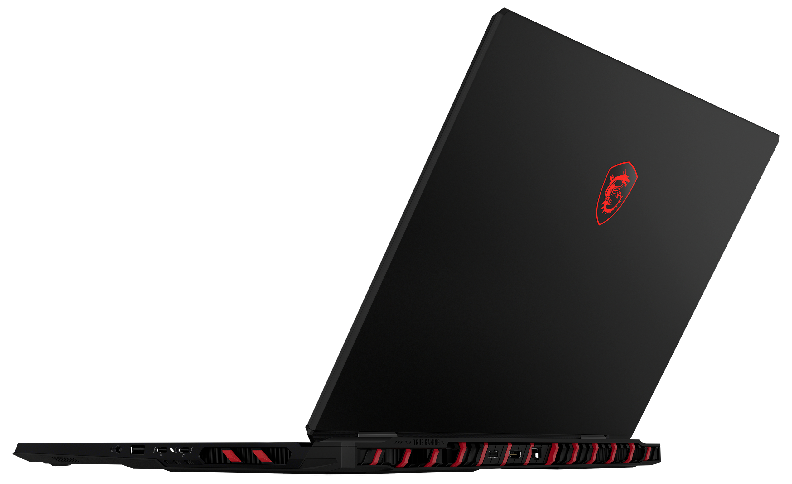 Schwarzer Laptop mit rotem MSI-Logo, geöffnet, mit Blick auf die Seite.