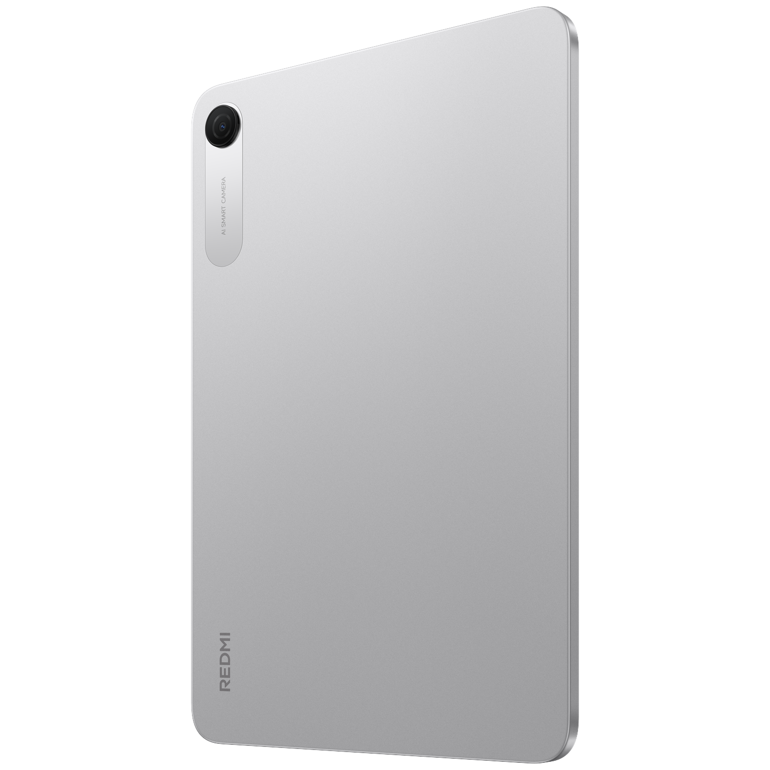 Zilveren tablet met camera en "REDMI" logo op de achterkant.