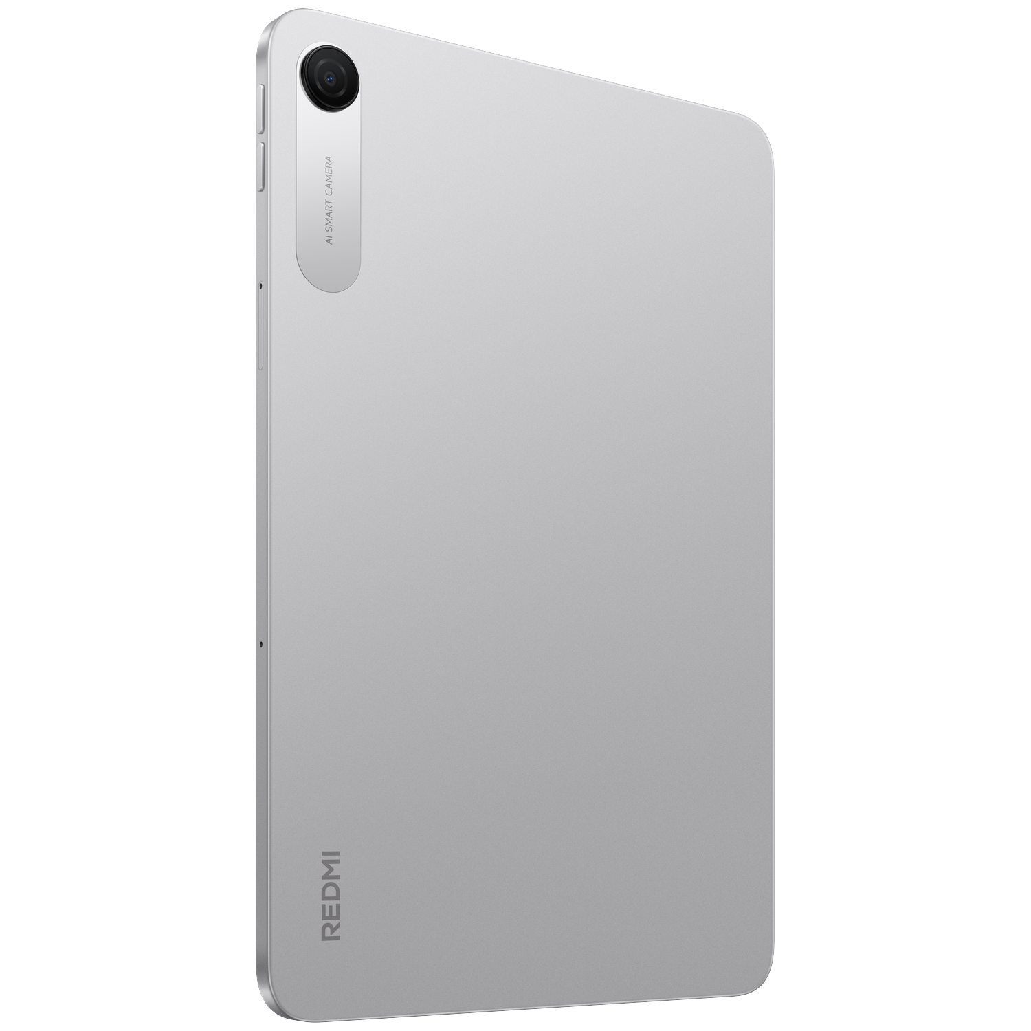 Achterkant van een zilveren tablet met camera en Redmi-logo.