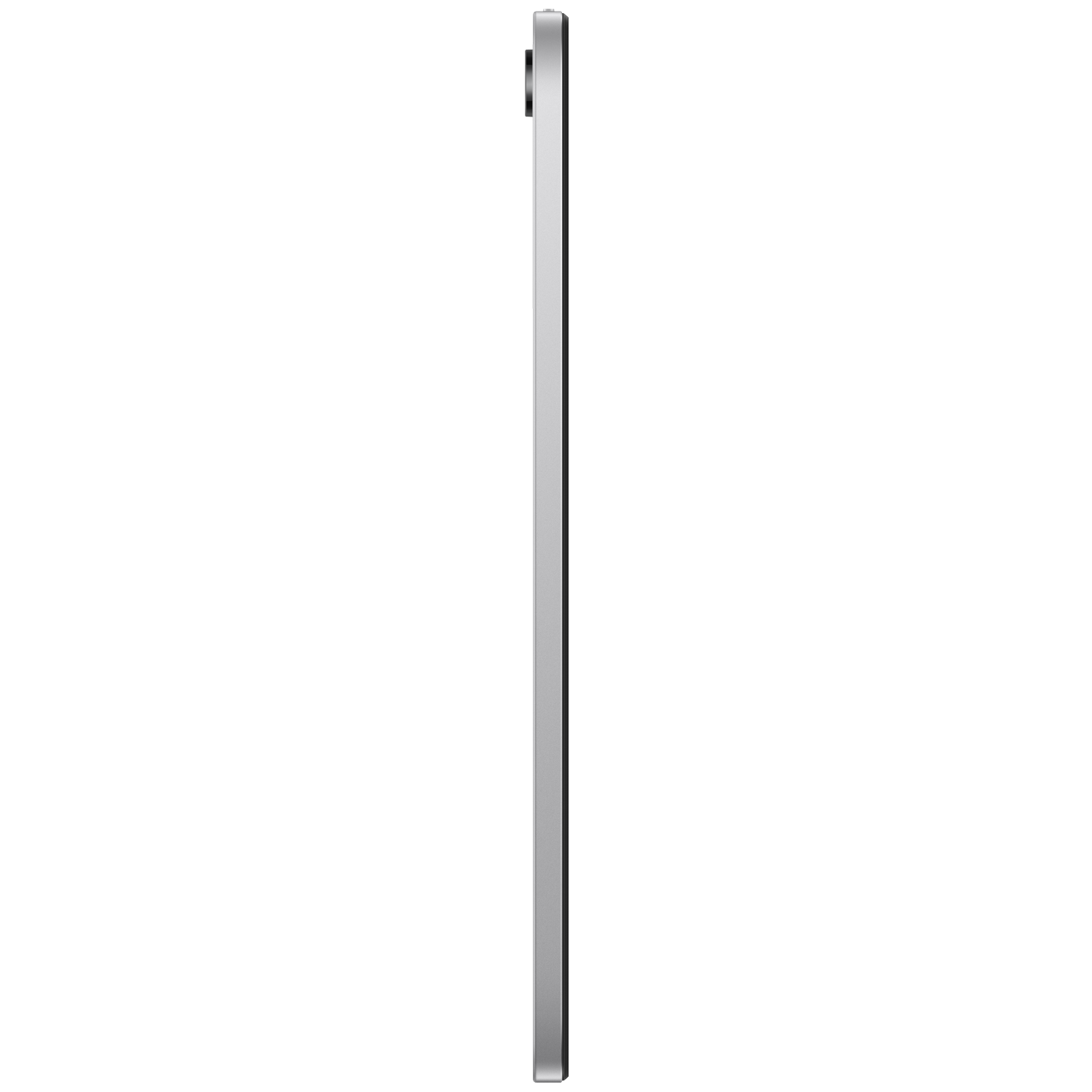 Zilveren tablet van de zijkant gezien, met zwarte schermrand.