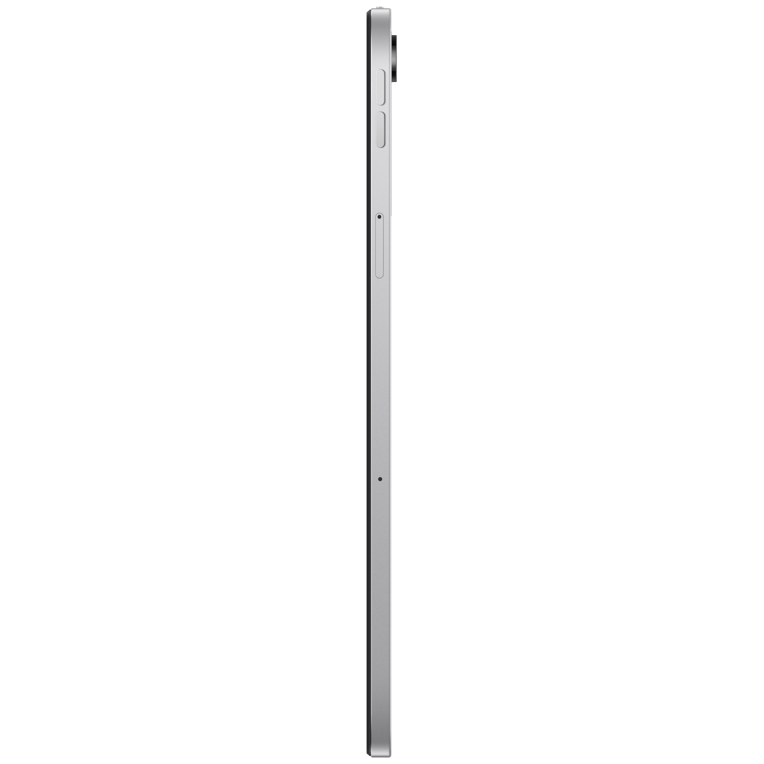 Een zilveren tablet van opzij gezien met een klein stipje.