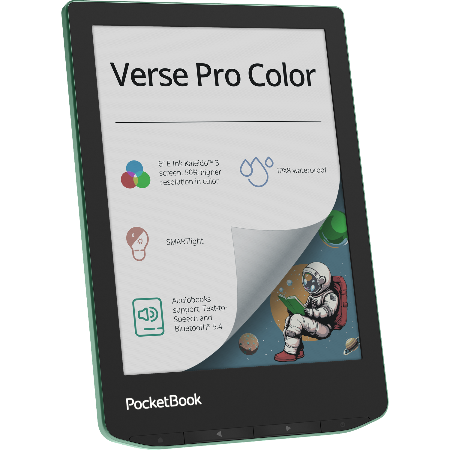 PocketBook Verse Pro Color e-reader met astronautenafbeelding en functiepictogrammen.