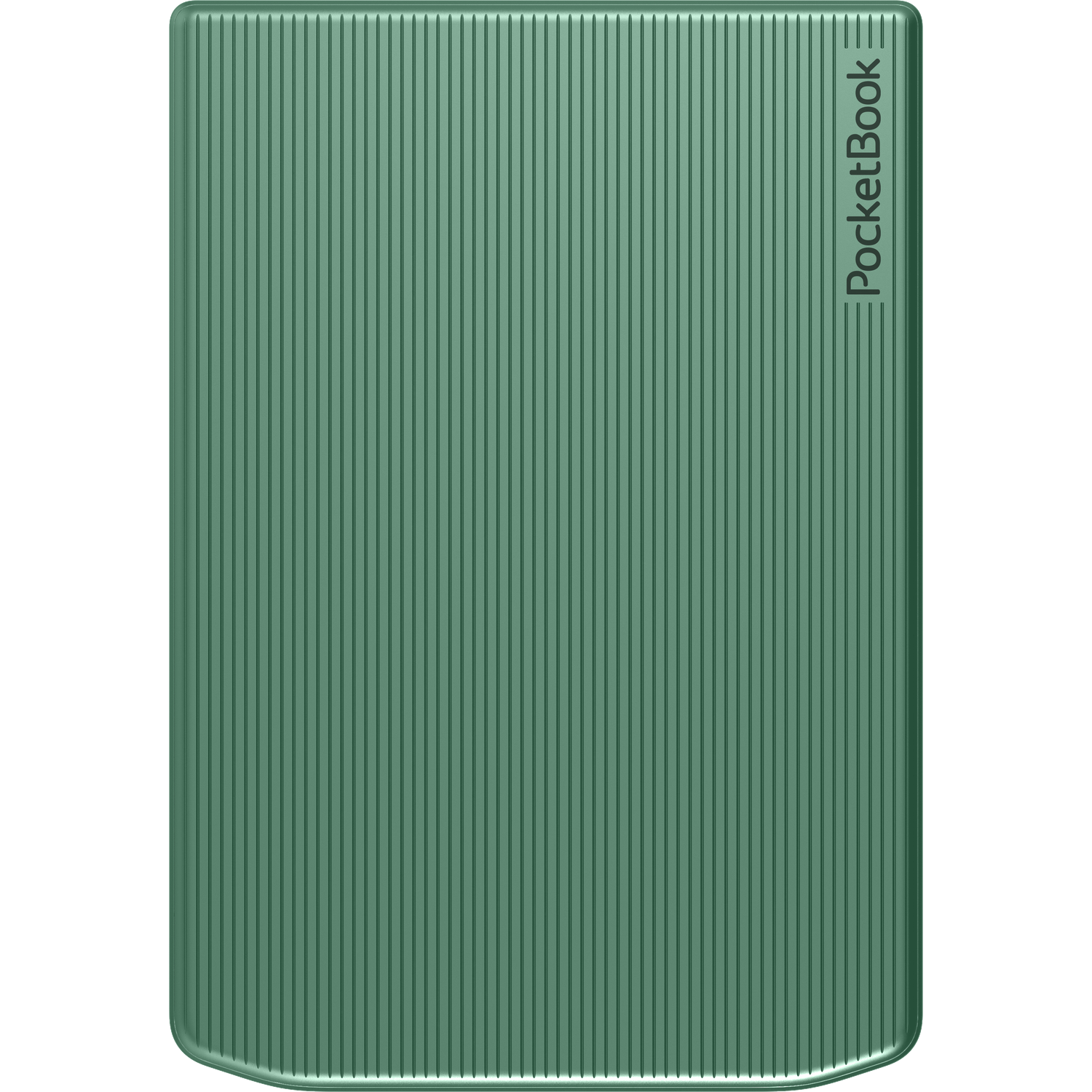 Groene e-reader met geribd oppervlak en verticale tekst "PocketBook".