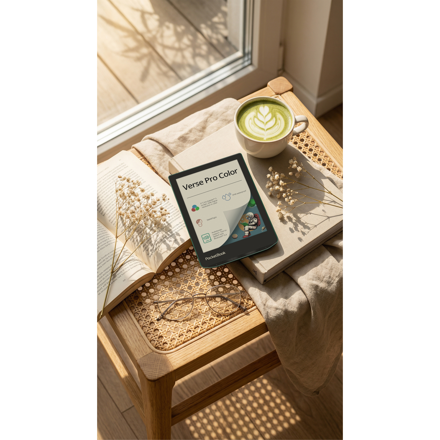 Een open boek, een bril, een e-reader en een kop matcha thee op een houten tafel.