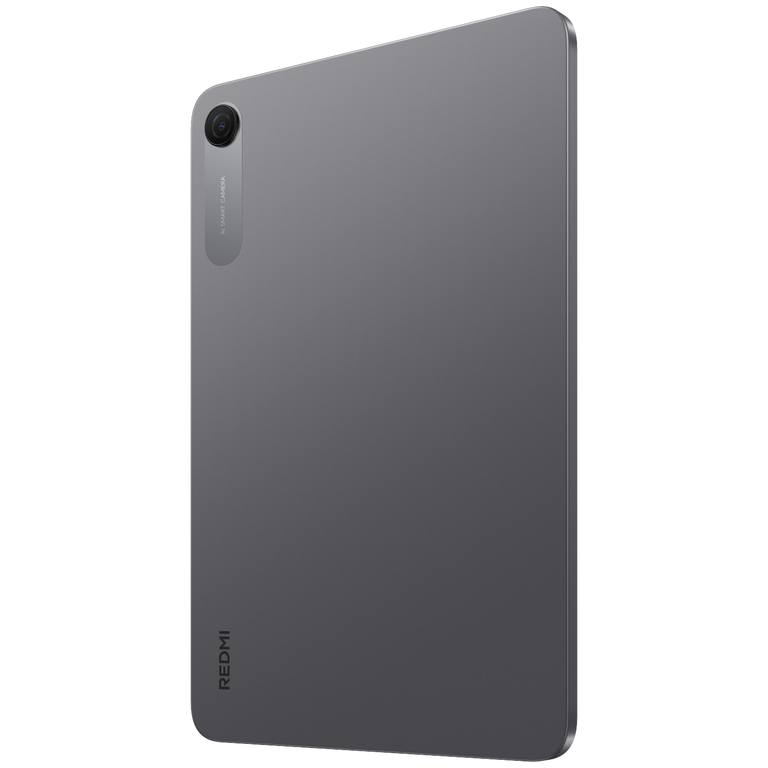 Achterkant van een grijze tablet met cameramodule en Redmi-logo.
