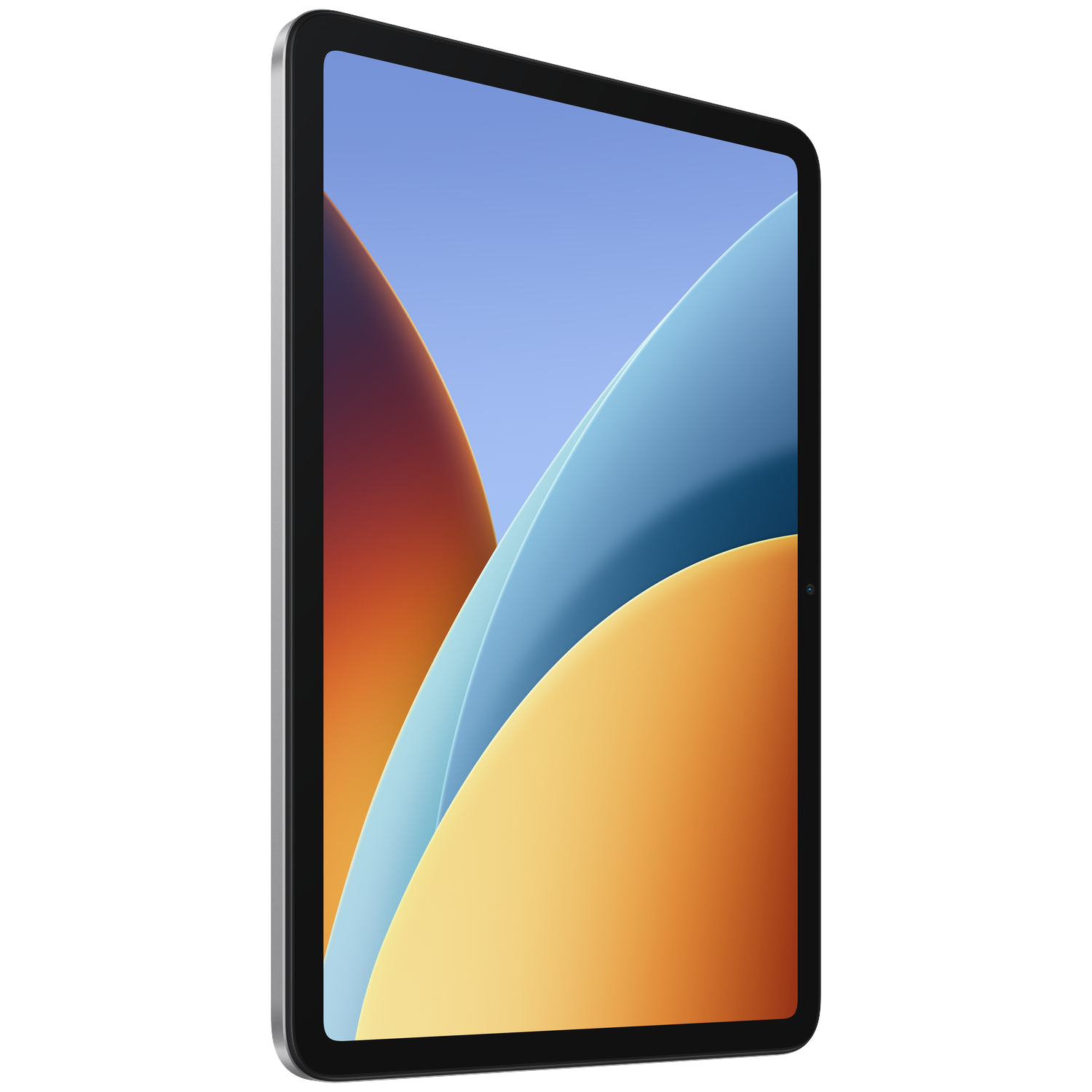 Een tablet met zilveren frame met een kleurrijke achtergrond.