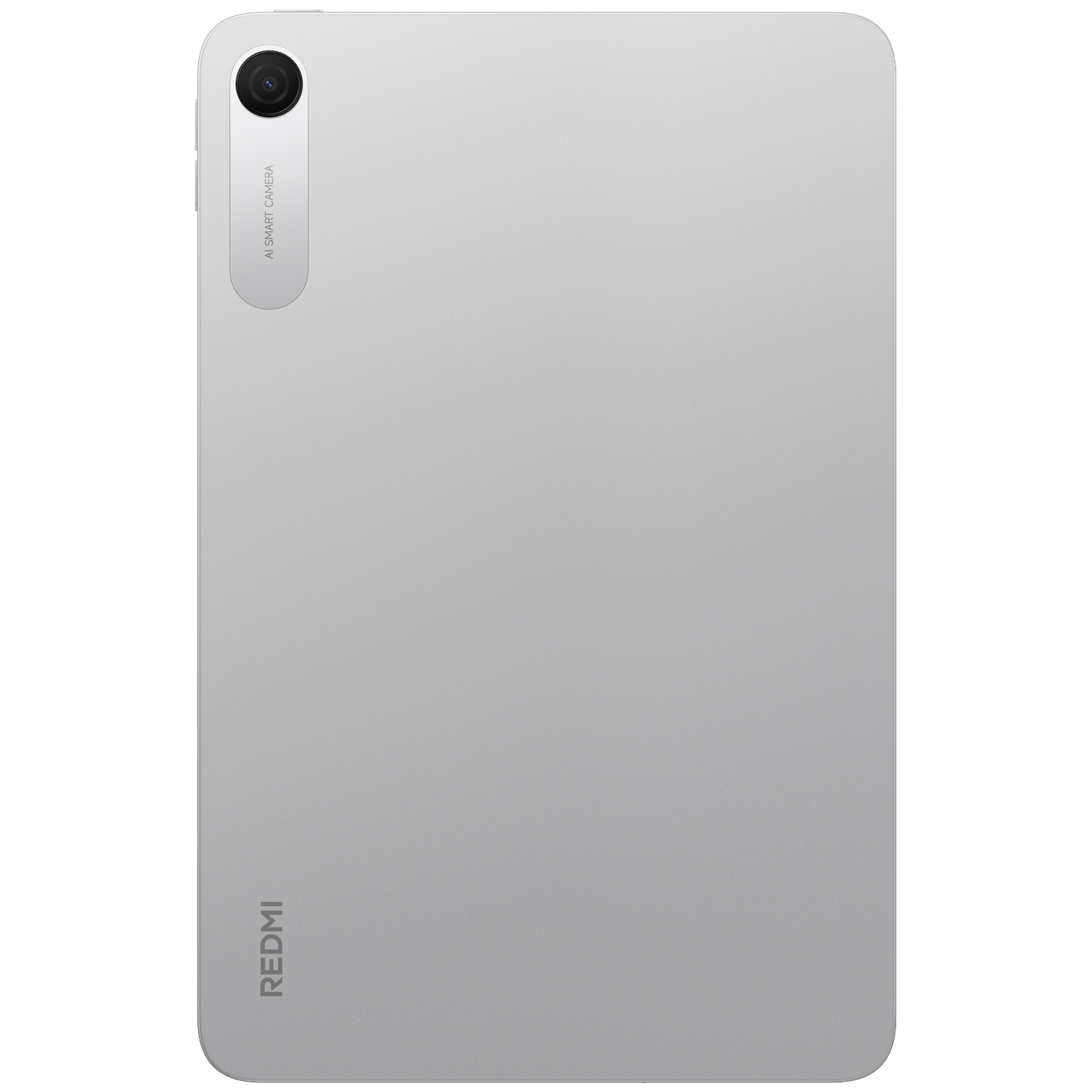 Achterkant van een zilveren tablet met cameramodule en Redmi-logo.