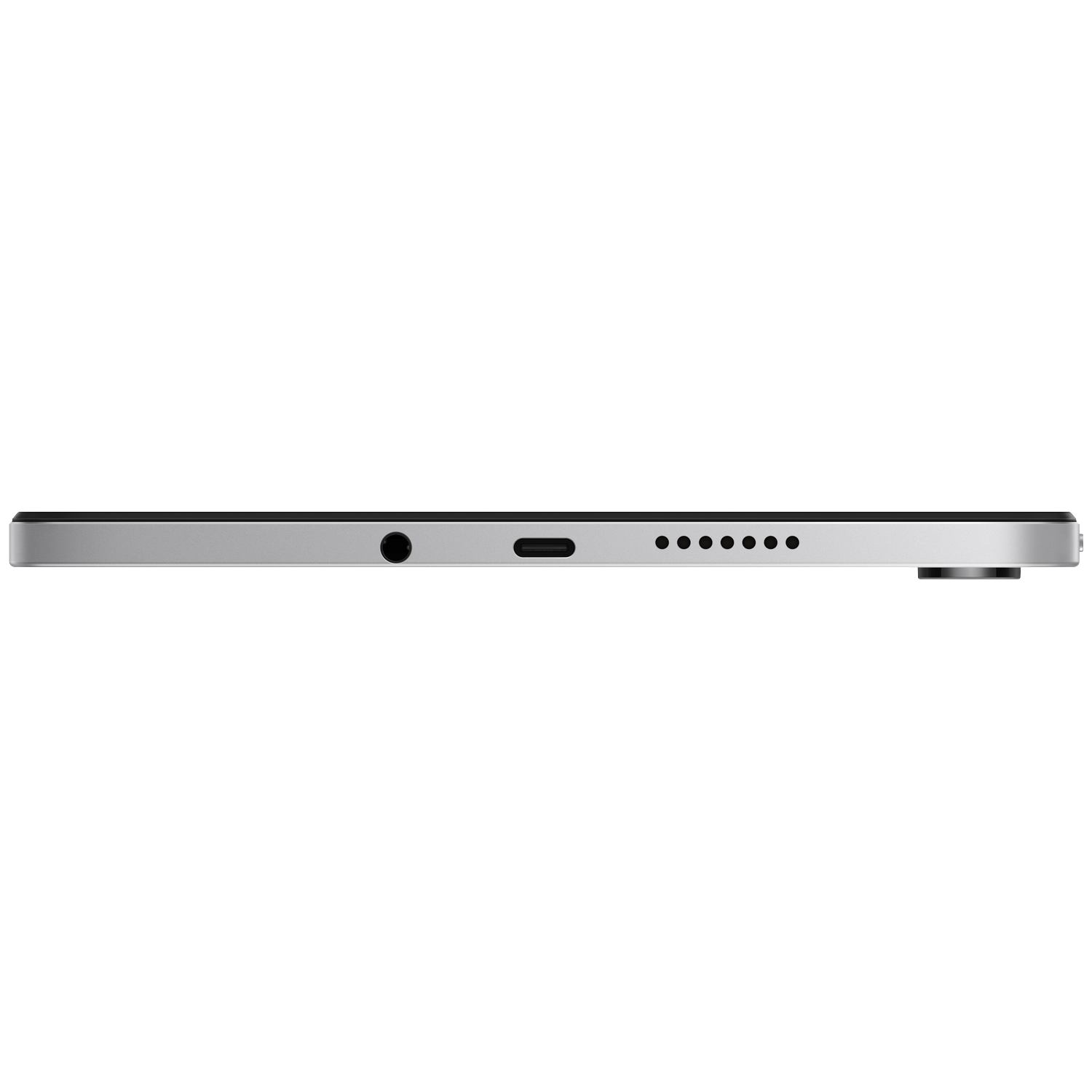 Zijde van een zilveren laptop met poorten en luidsprekergrill.