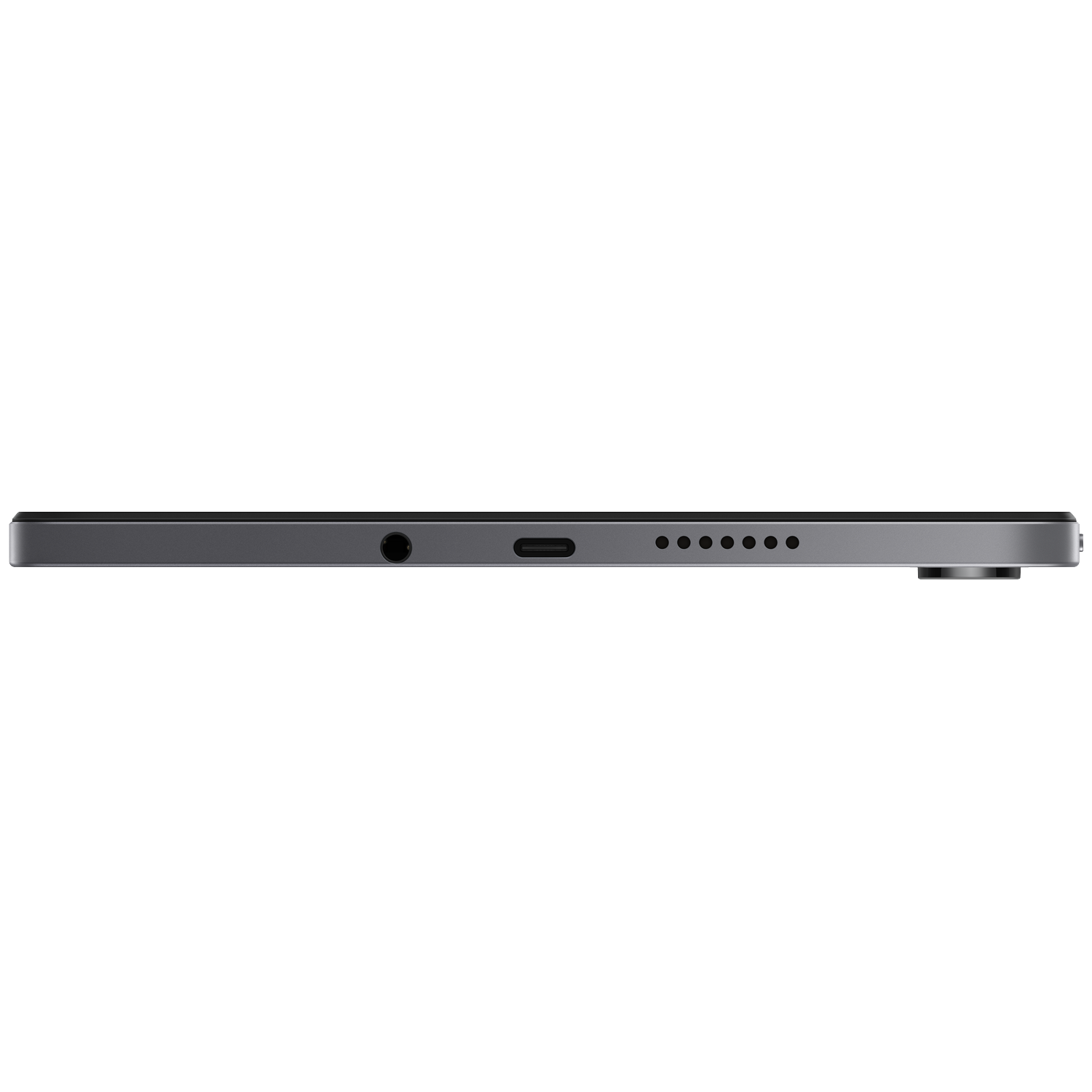 Grijze tablet met poorten: koptelefoonaansluiting, USB-C, luidsprekerrooster en camera.