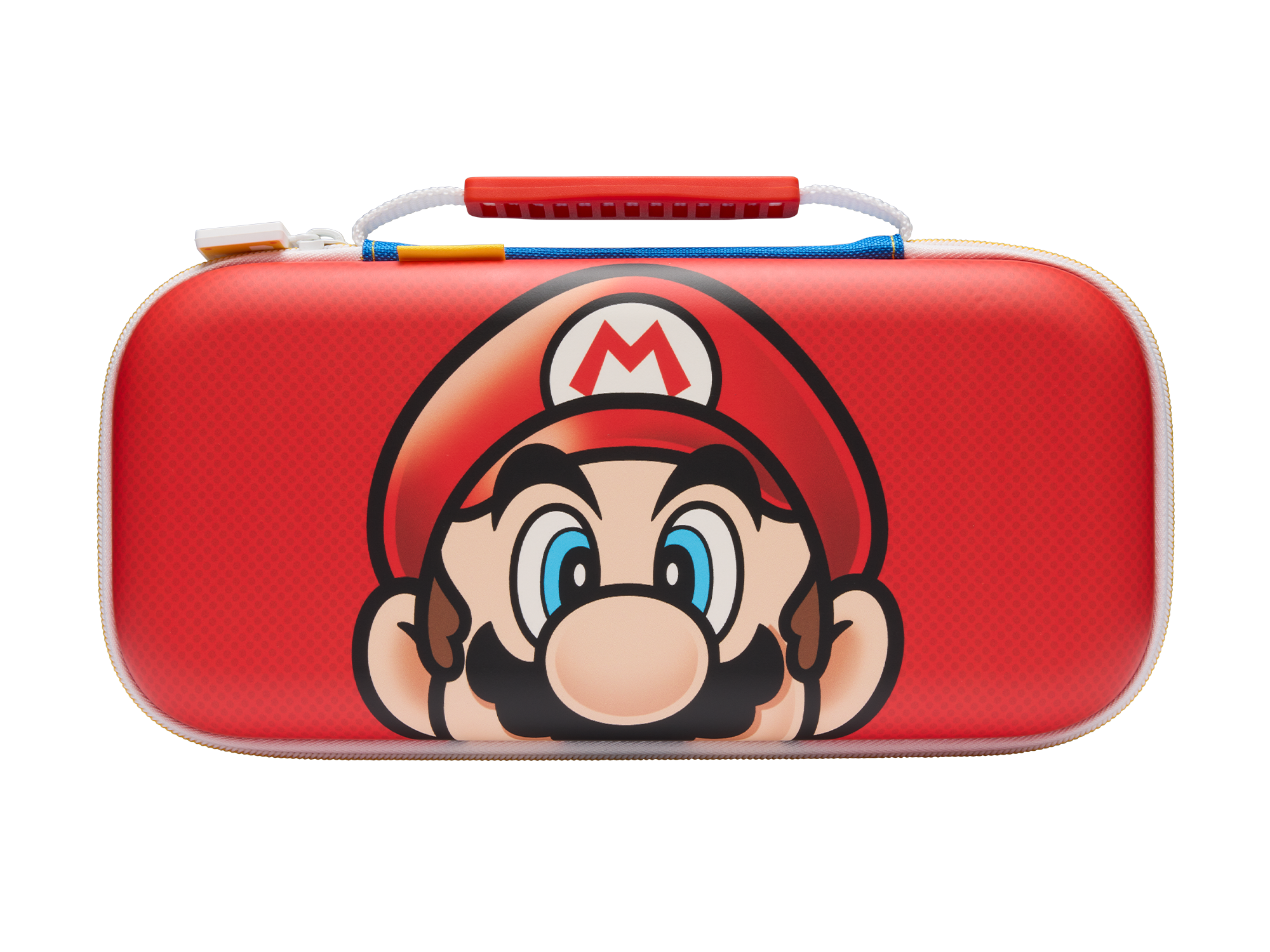 Eine rote Mario-Tasche mit Reißverschluss, Tragegriff und Marios Gesicht.
