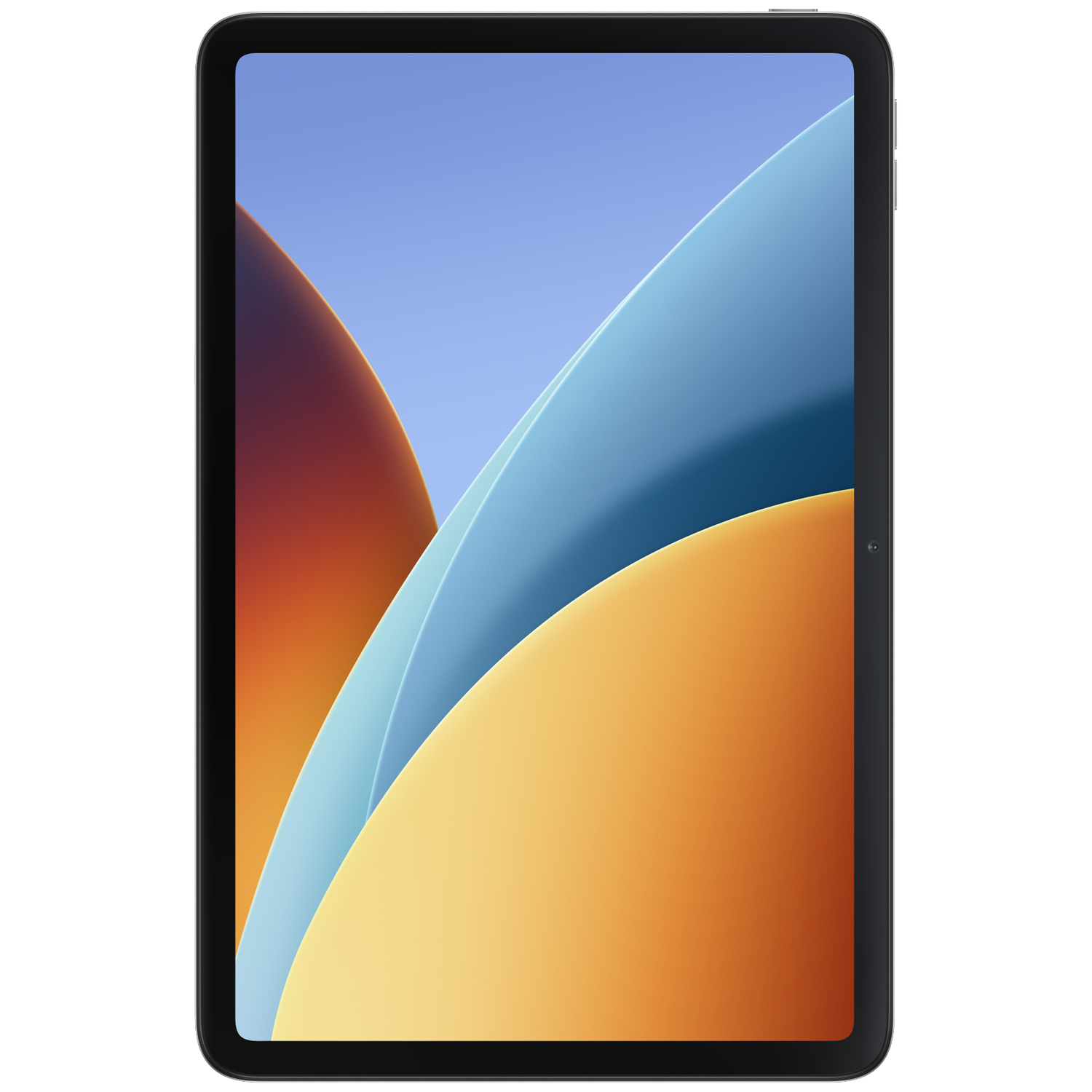 Een tablet met een abstracte, kleurrijke achtergrond. Oranje, blauwe en lichtblauwe tinten.