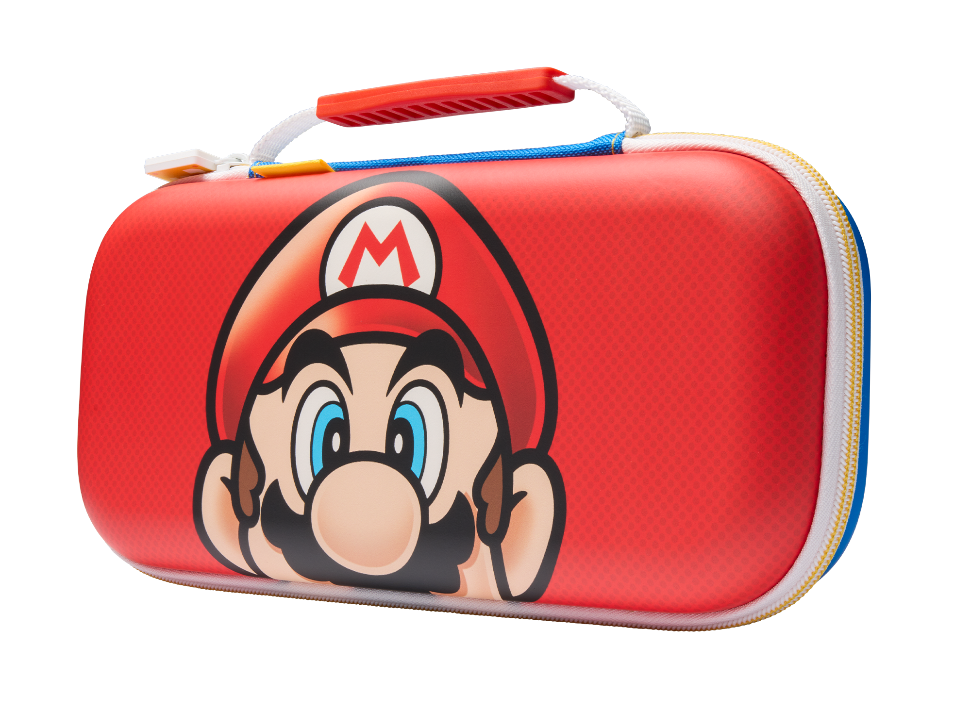 Rote Hülle mit Mario-Design, Tragegriff oben, Reißverschluss.