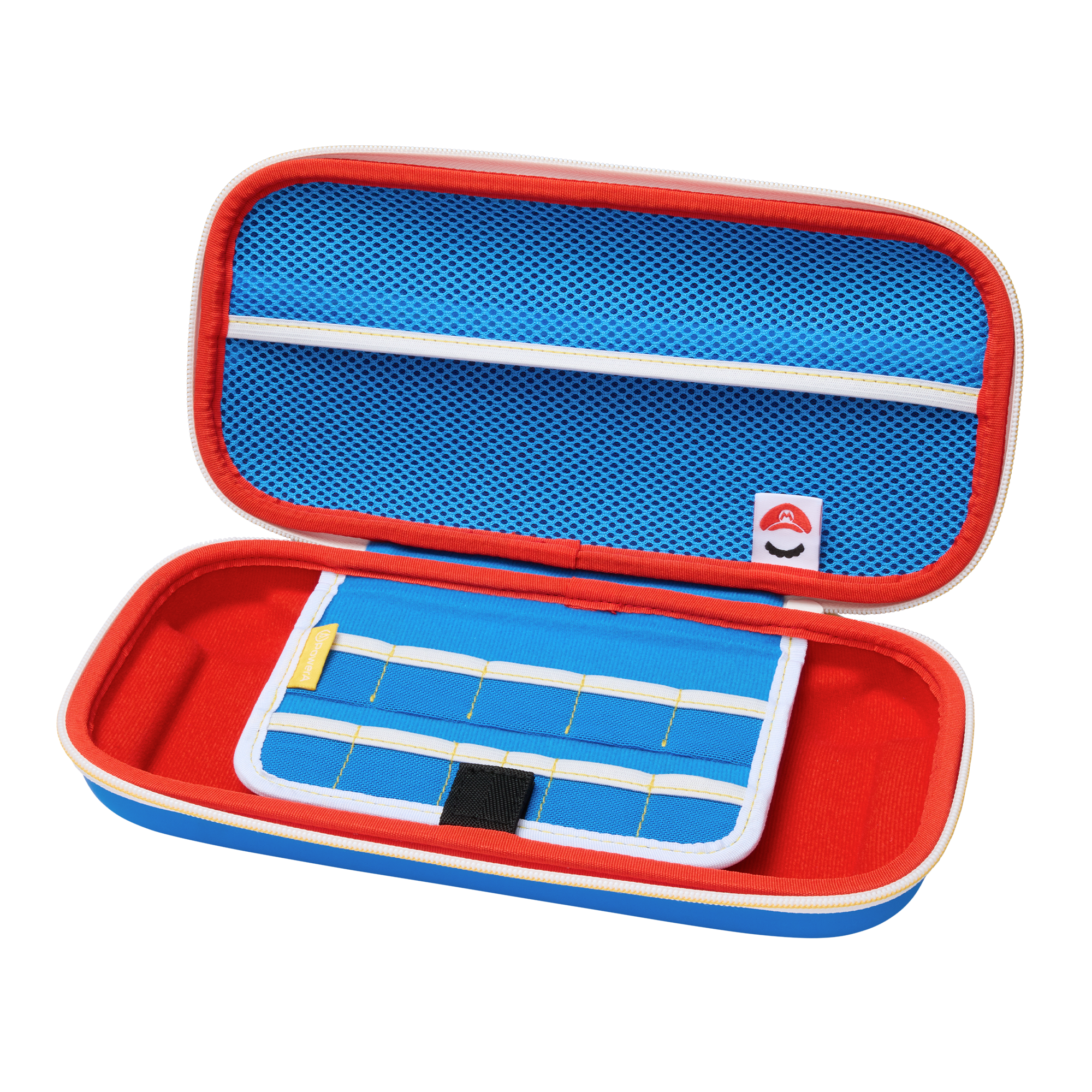 Ein offenes blaues und rotes Mario-Etui mit Netzfach und Spielehalterungen.