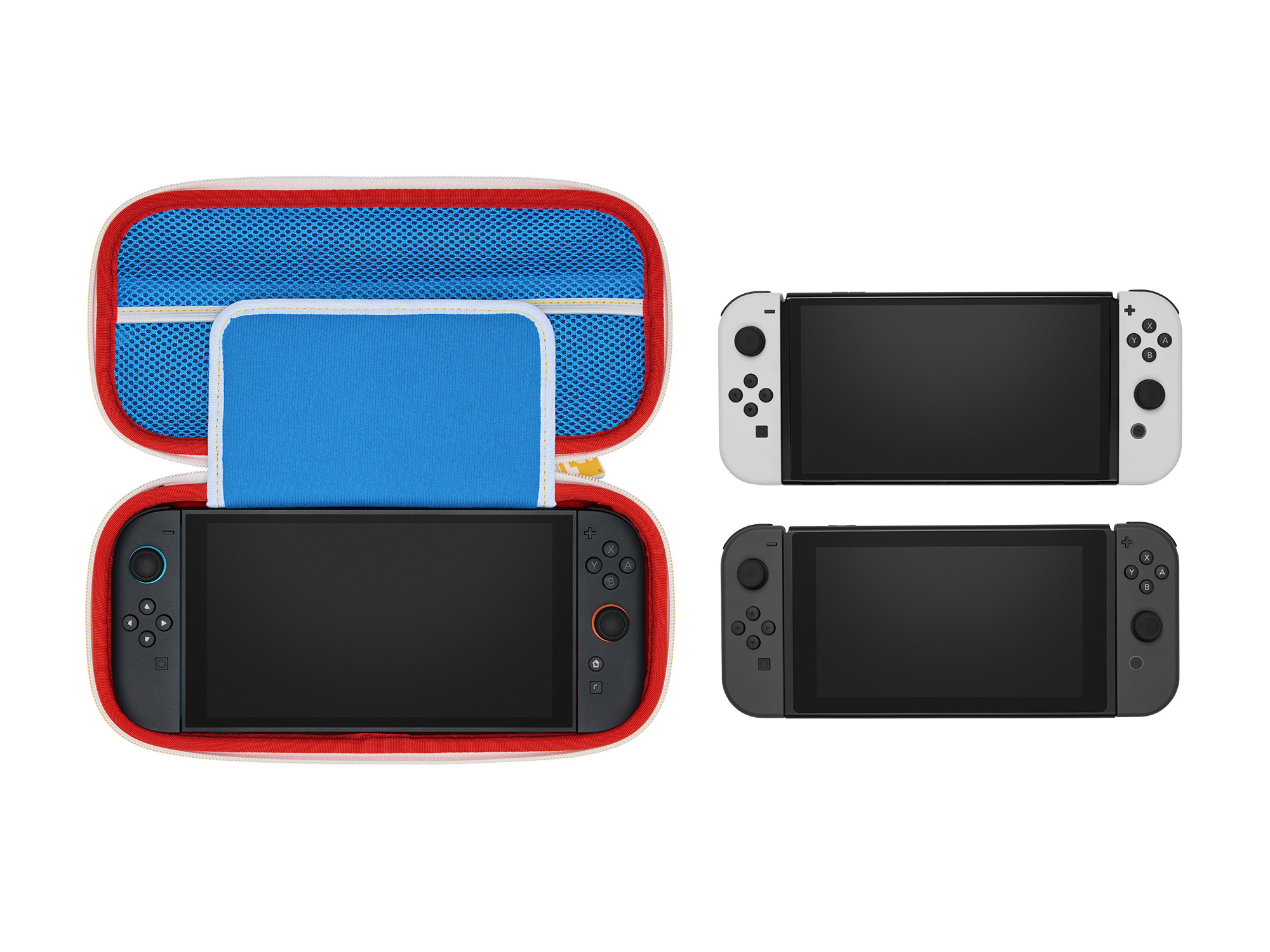 Ein Nintendo Switch Lite und zwei Controller liegen auf schwarzem Hintergrund.