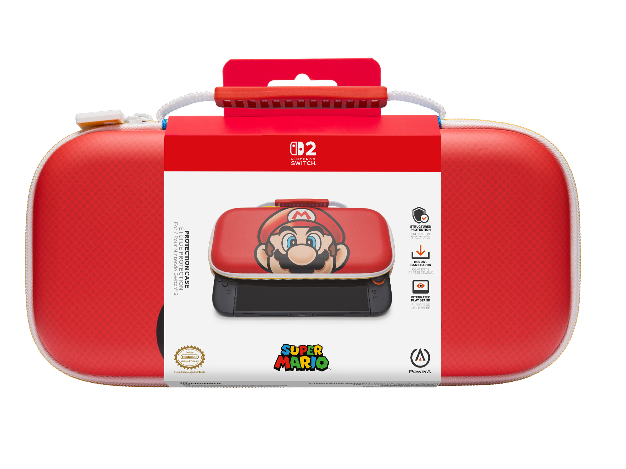 Rote Nintendo Switch Hülle mit Mario-Motiv, hält 9 Spiele, integrierter Ständer.