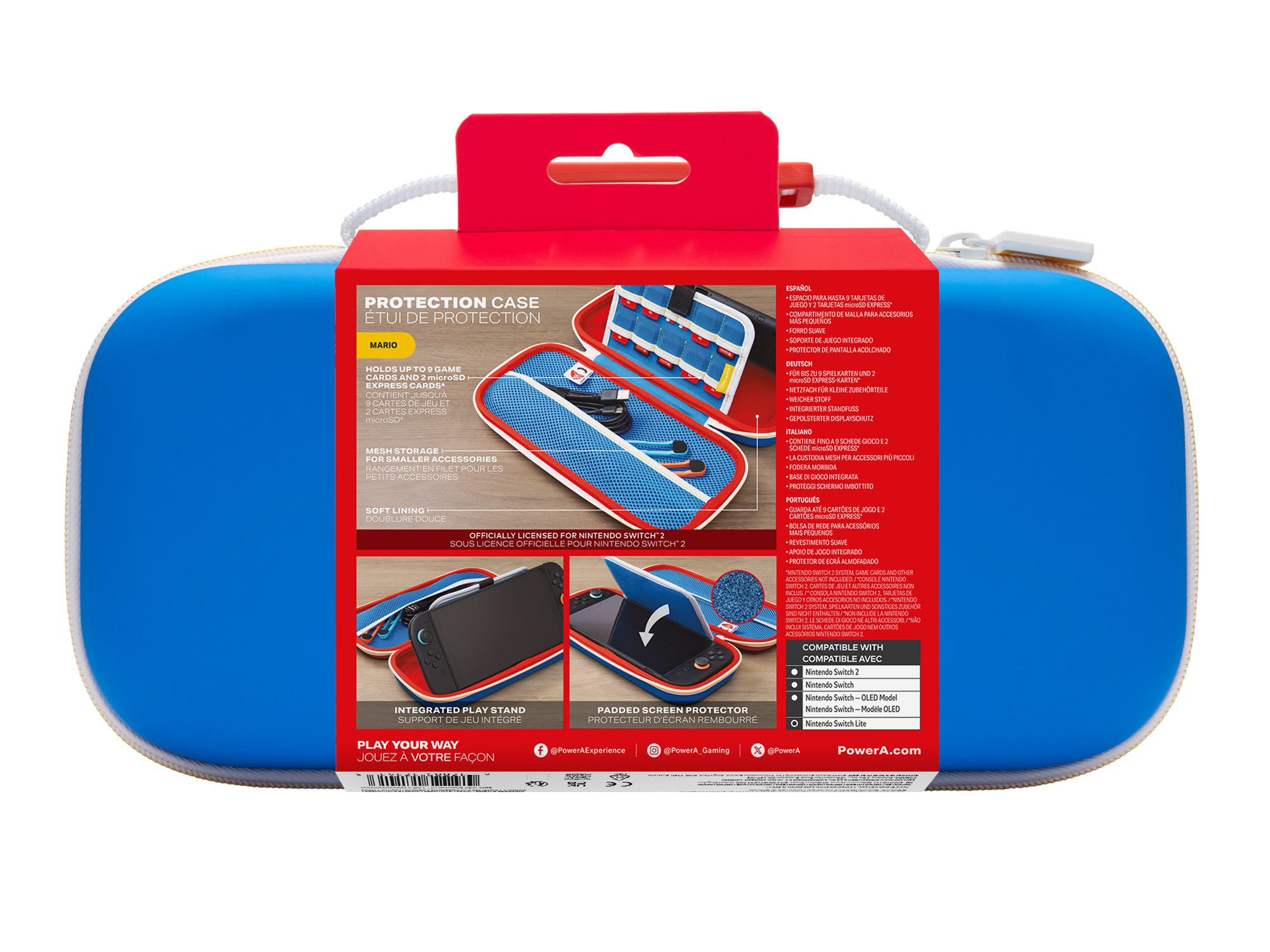 Blaue Nintendo Switch Mario Schutzhülle mit Zubehörfächern, integriertem Ständer und Displayschutz.