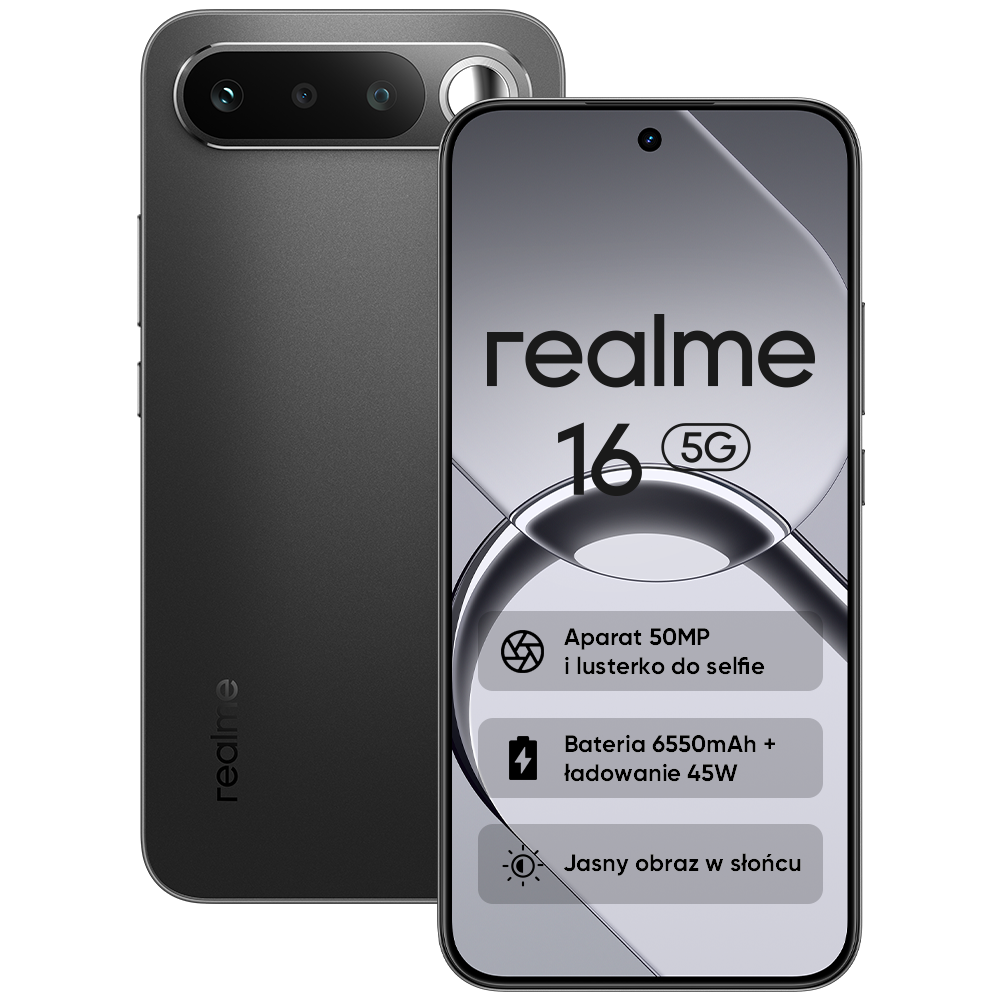 Czarny smartfon Realme 16 5G pokazany z aparatami i detalami.